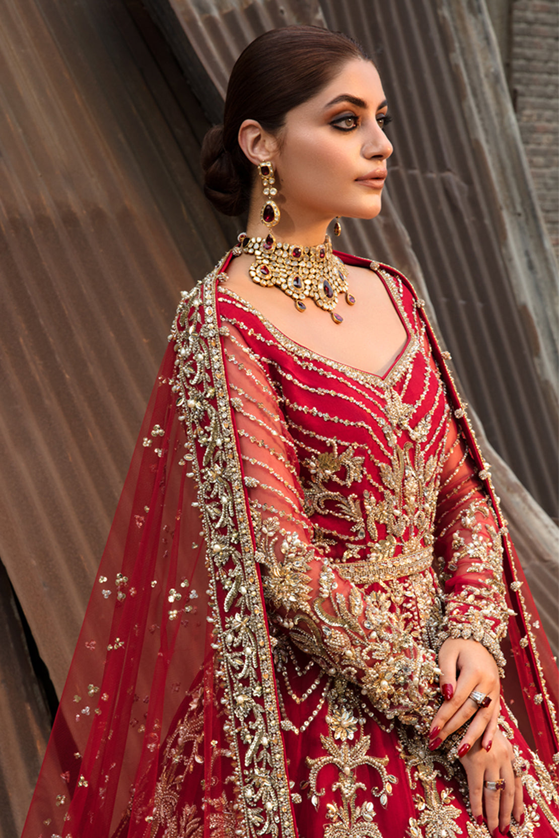 Deep Red Zardozi Silk Bridal Lehenga (3-Piece) - Image 2