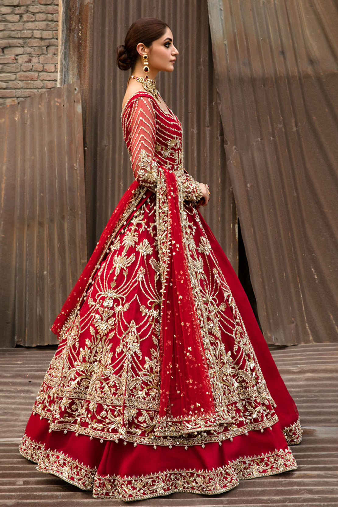 Deep Red Zardozi Silk Bridal Lehenga (3-Piece) - Image 3