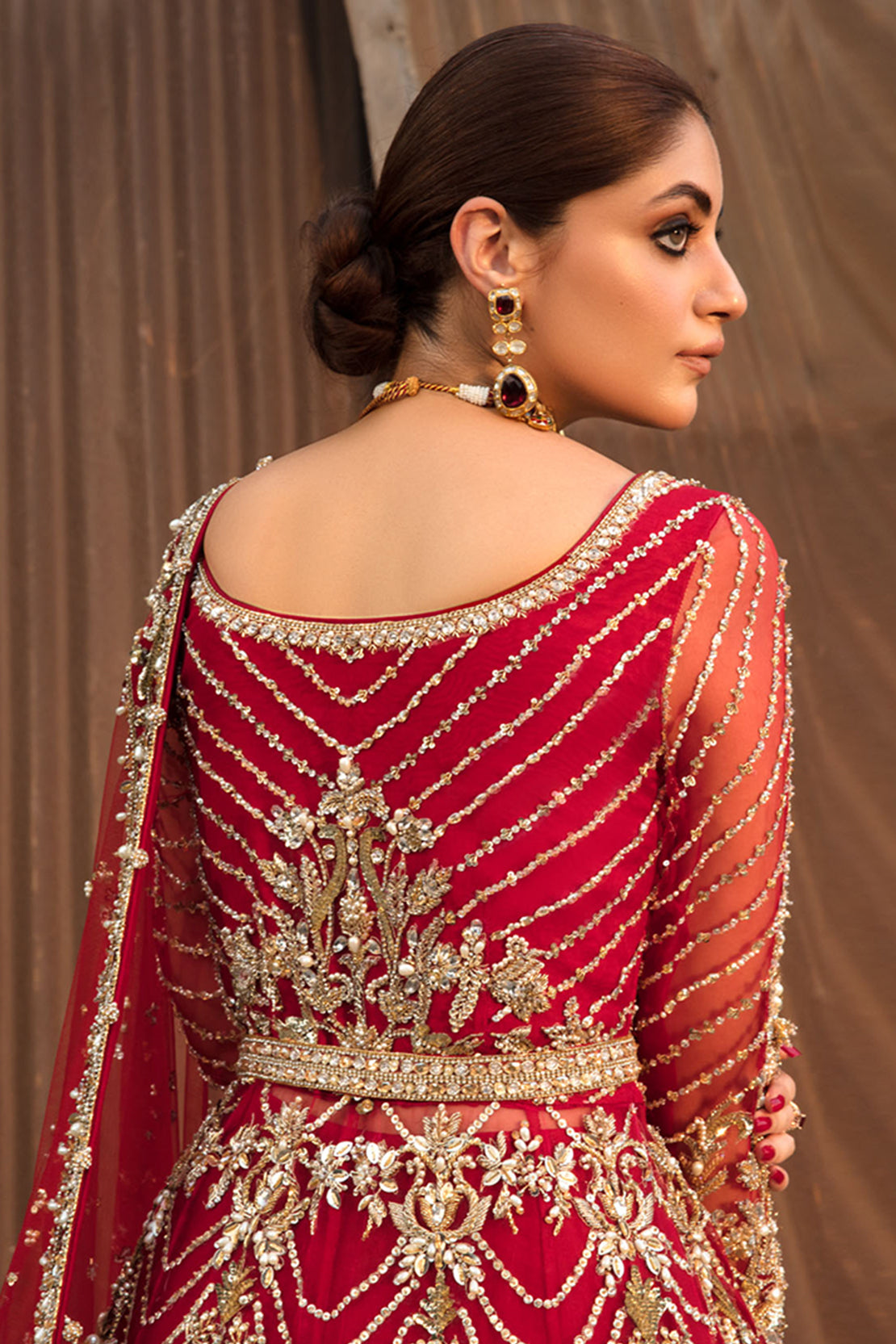 Deep Red Zardozi Silk Bridal Lehenga (3-Piece) - Image 4