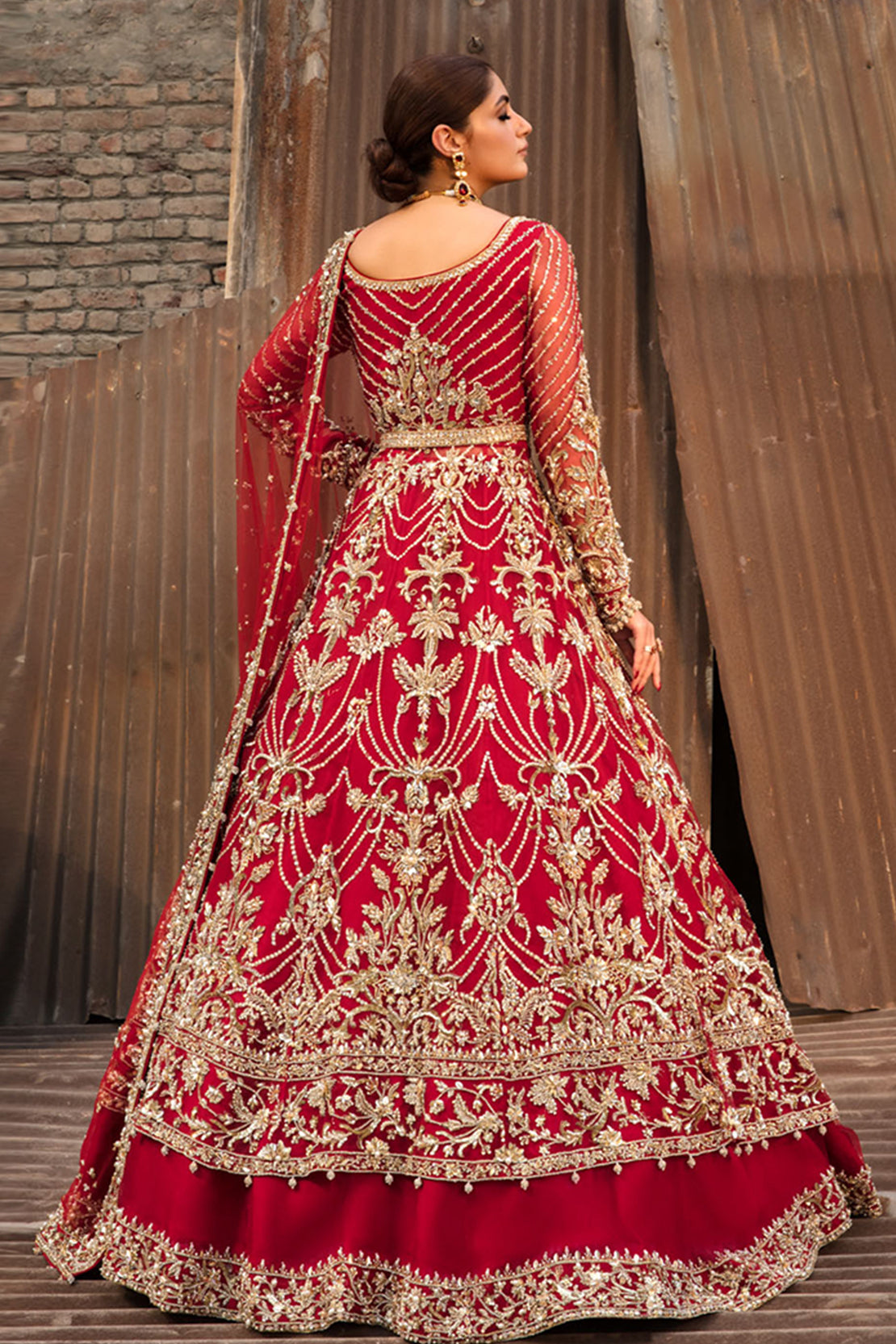 Deep Red Zardozi Silk Bridal Lehenga (3-Piece) - Image 5