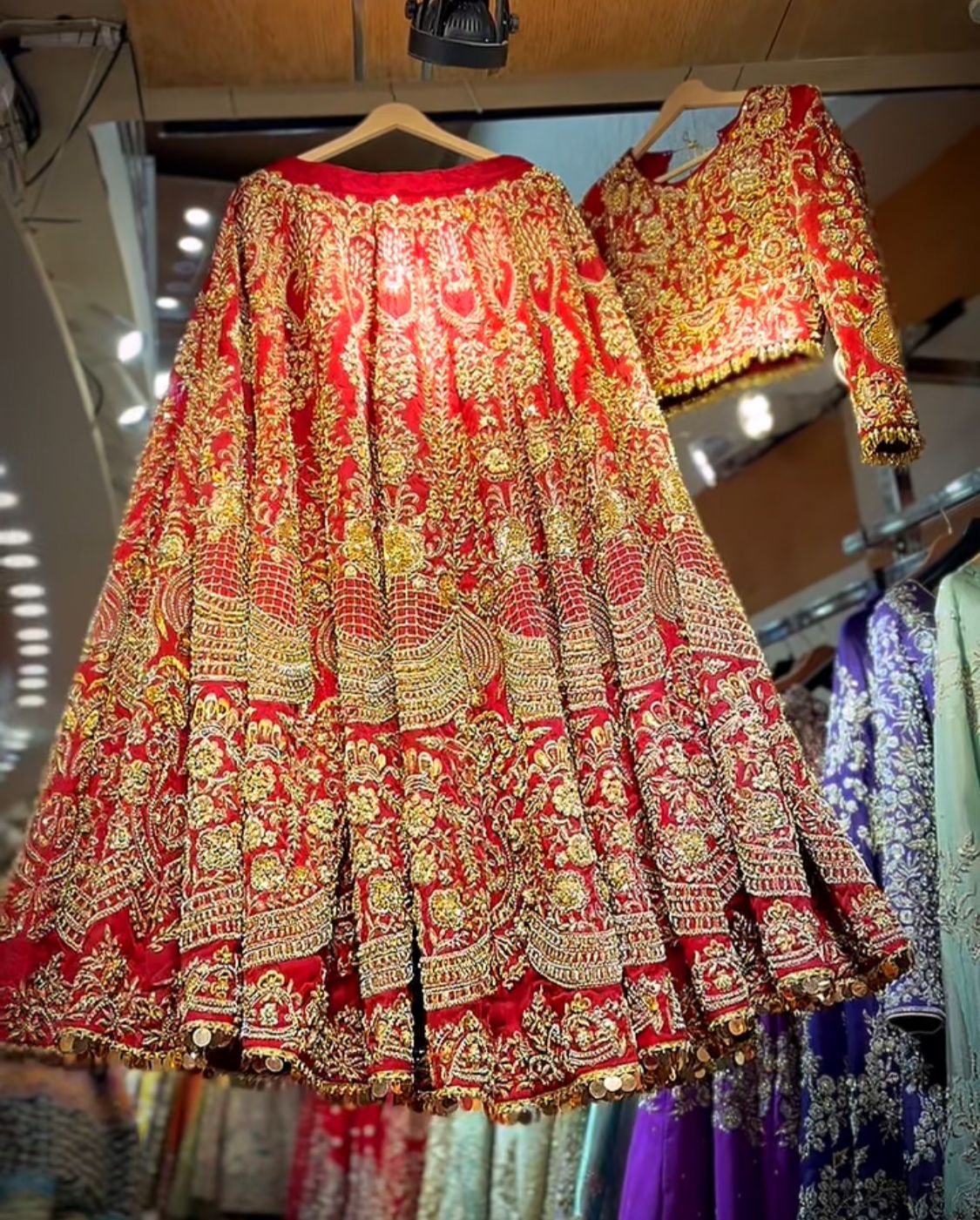 Crimson Red Embroidered Silk Bridal Lehenga (3-Piece) - Image 1