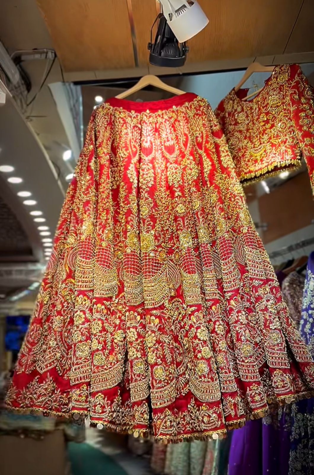 Crimson Red Embroidered Silk Bridal Lehenga (3-Piece) - Image 3