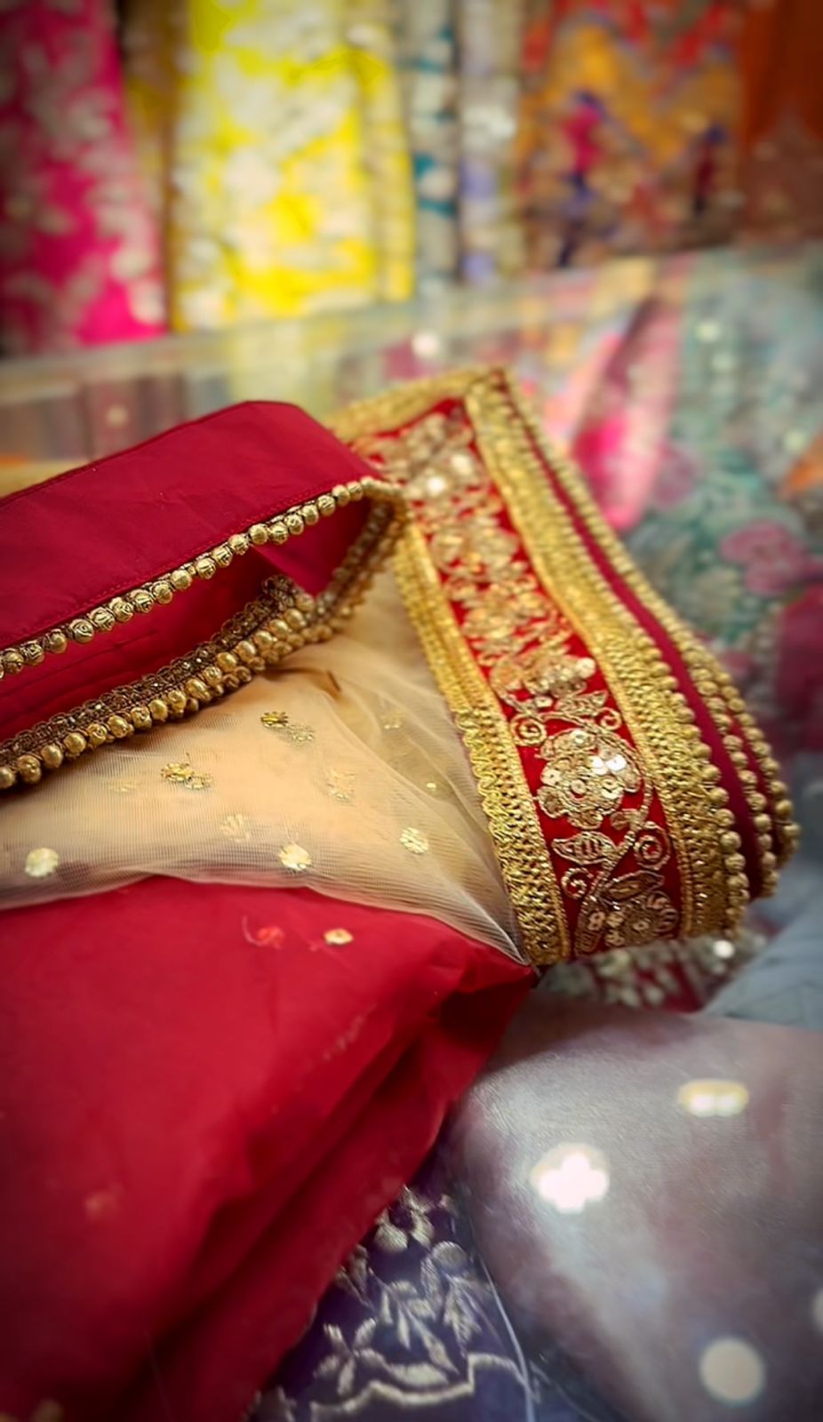 Crimson Red Embroidered Silk Bridal Lehenga (3-Piece) - Image 4