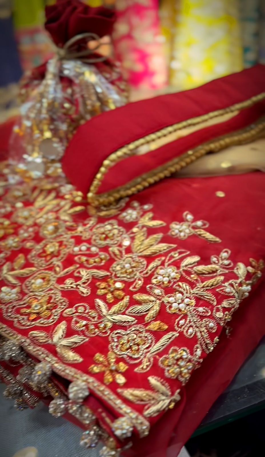 Crimson Red Embroidered Silk Bridal Lehenga (3-Piece) - Image 5