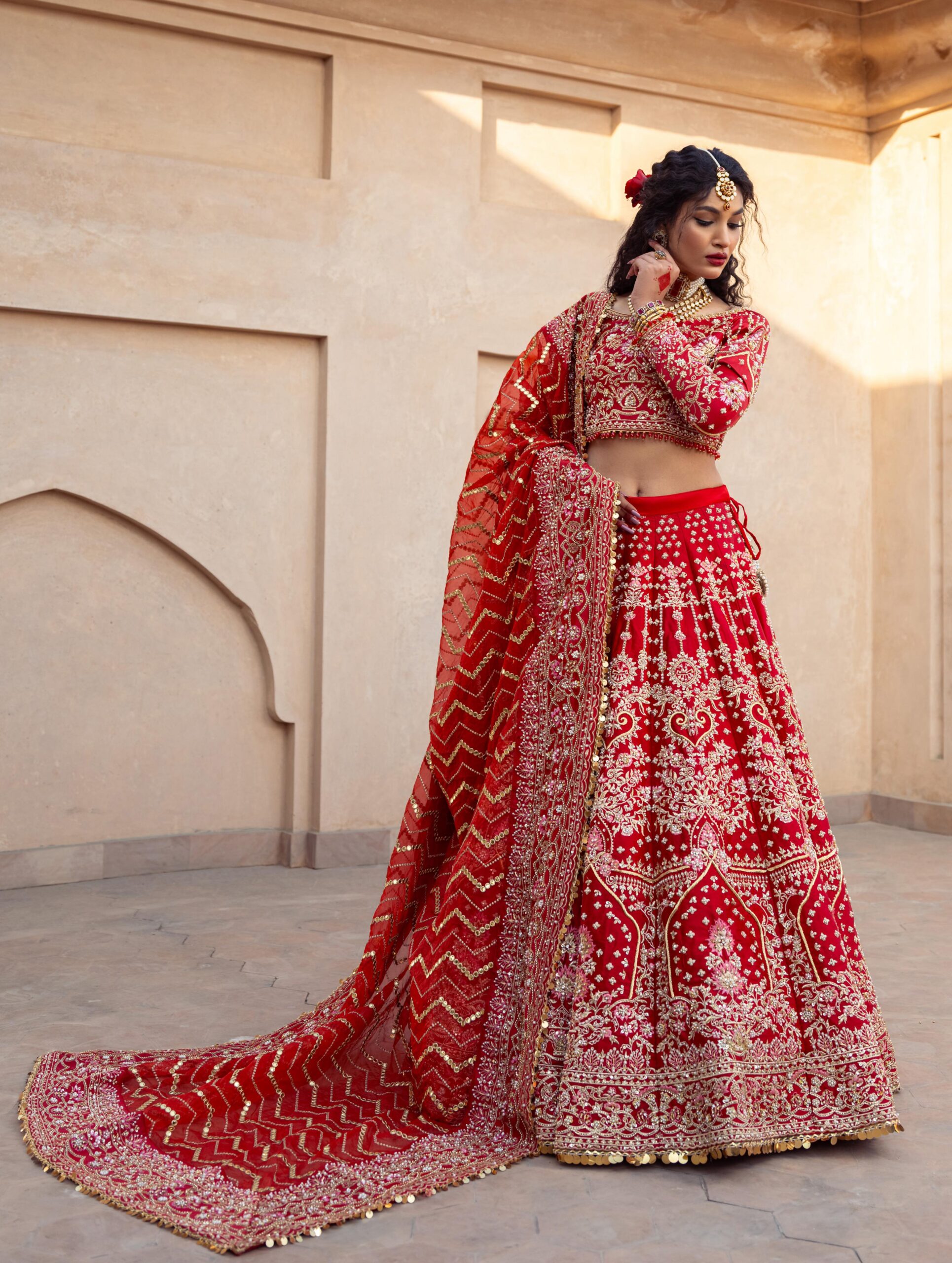Pakistani Deep Red Embroidered Silk Bridal Lehenga (3-Piece) - Image 1