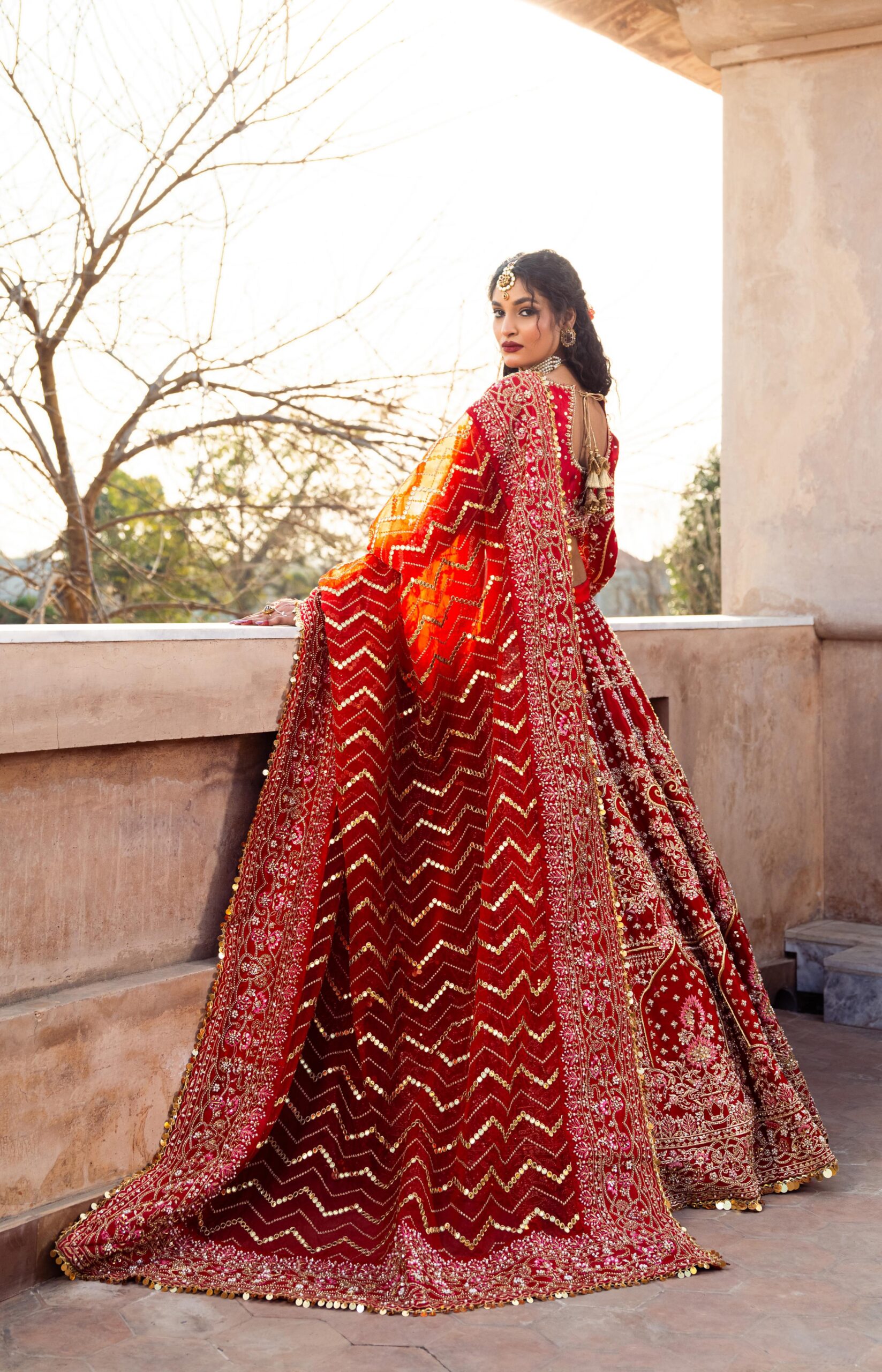Pakistani Deep Red Embroidered Silk Bridal Lehenga (3-Piece) - Image 2