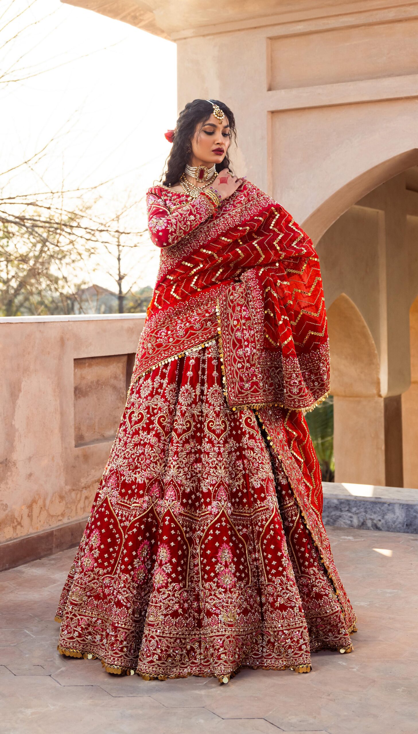 Pakistani Deep Red Embroidered Silk Bridal Lehenga (3-Piece) - Image 3