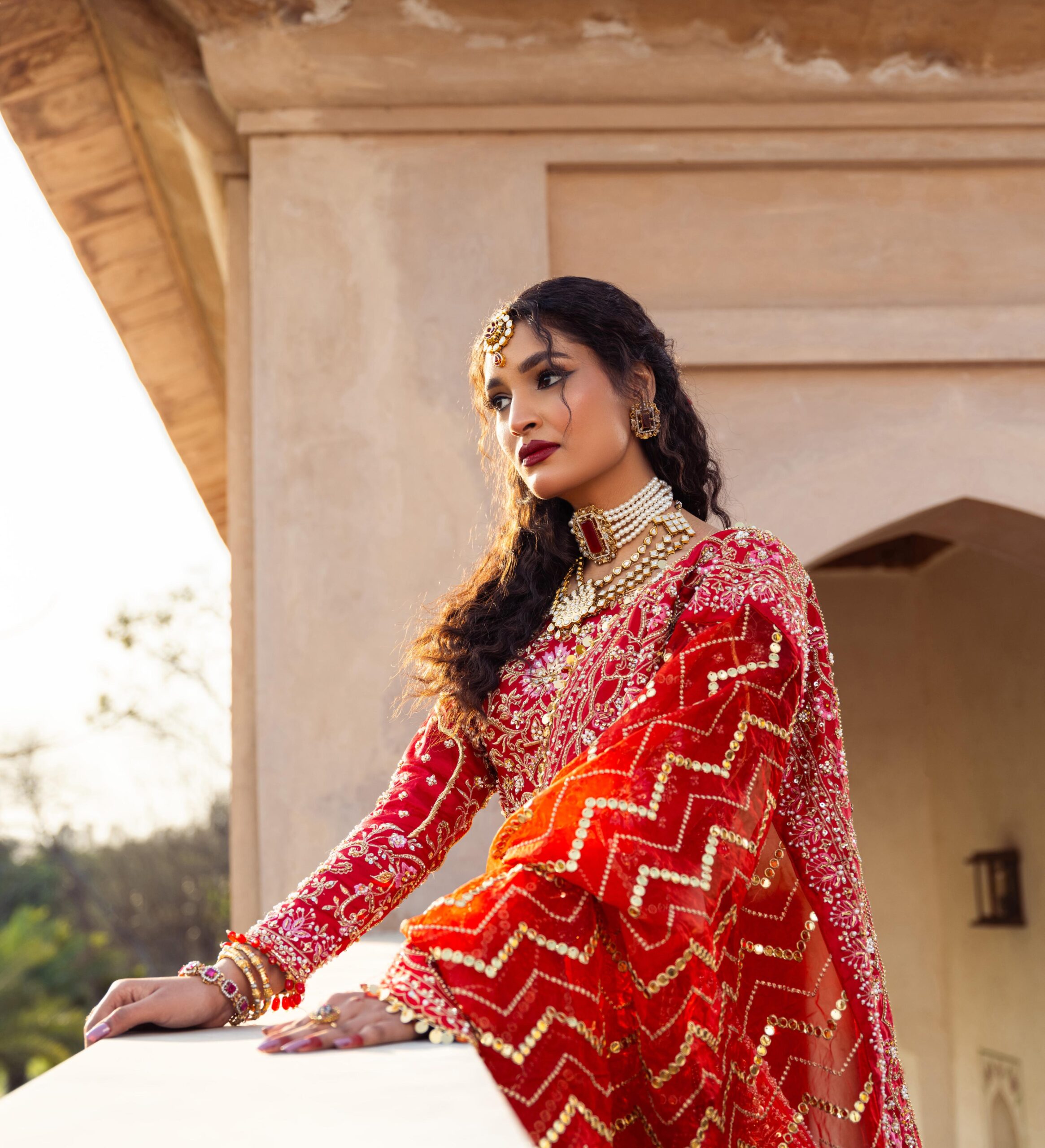 Pakistani Deep Red Embroidered Silk Bridal Lehenga (3-Piece) - Image 4