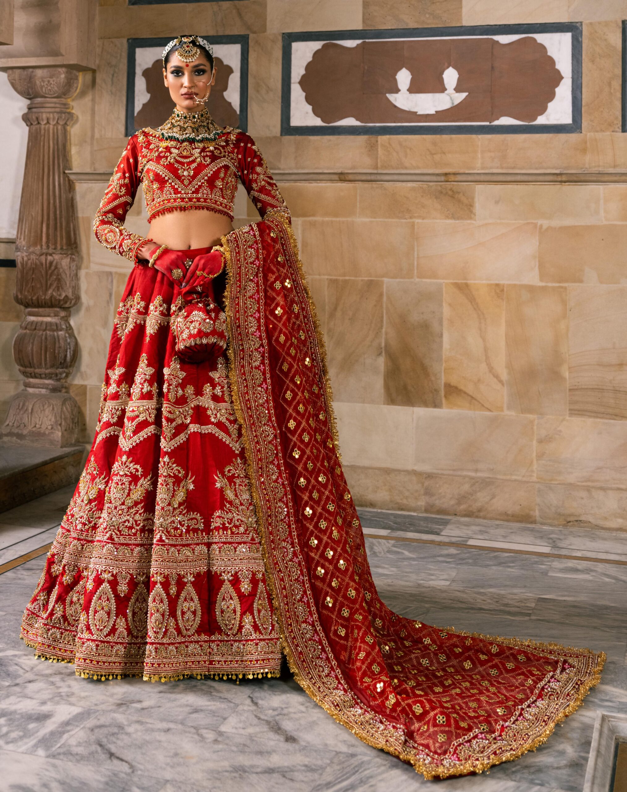 Deep Red Zardozi Silk Bridal Lehenga (3-Piece) - Image 1