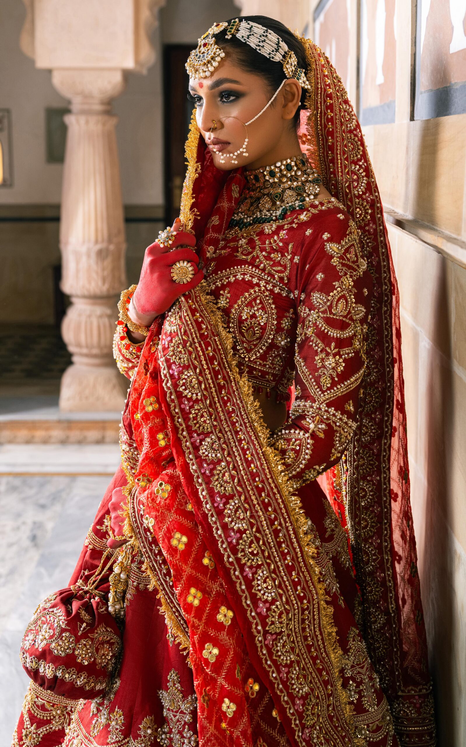 Deep Red Zardozi Silk Bridal Lehenga (3-Piece) - Image 2