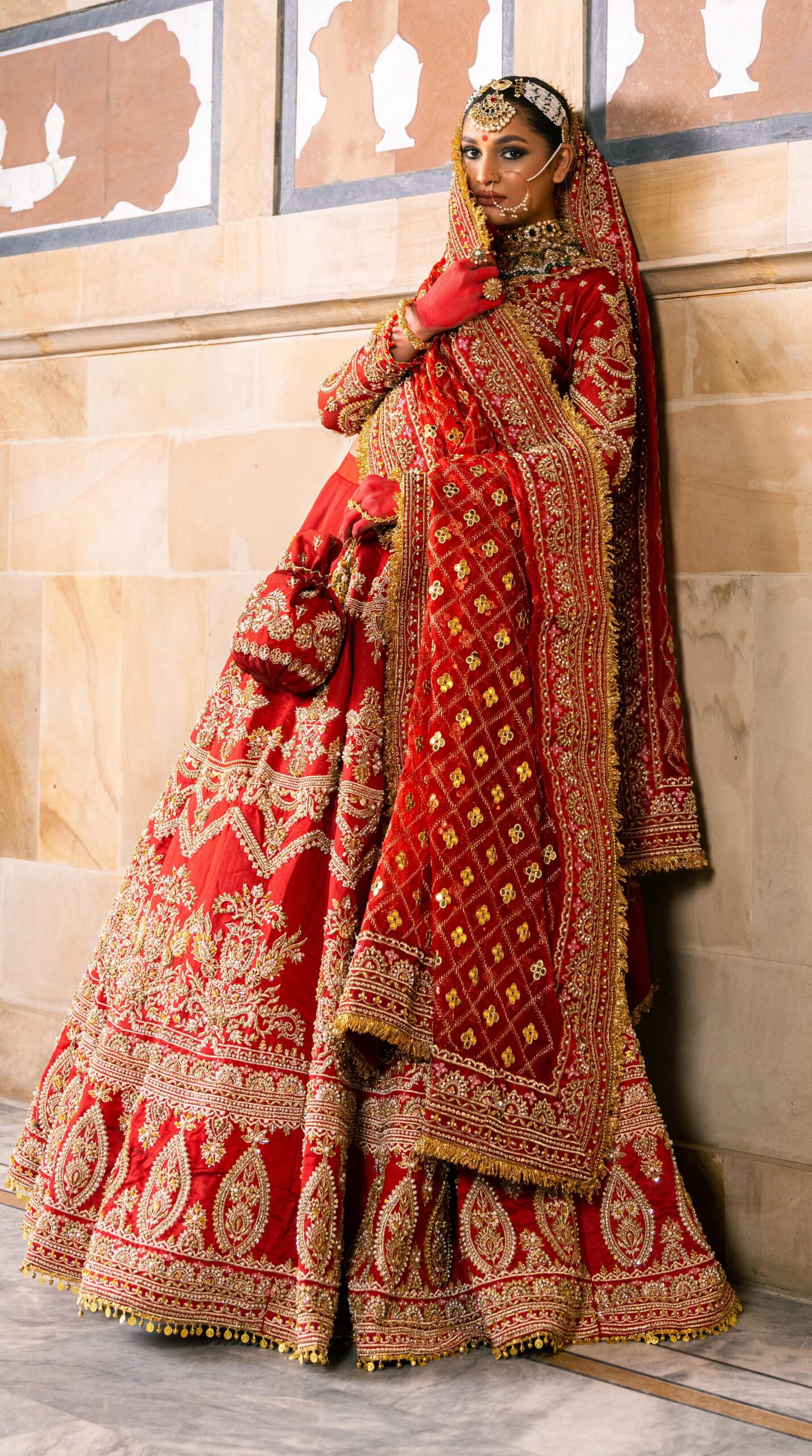 Deep Red Zardozi Silk Bridal Lehenga (3-Piece) - Image 3