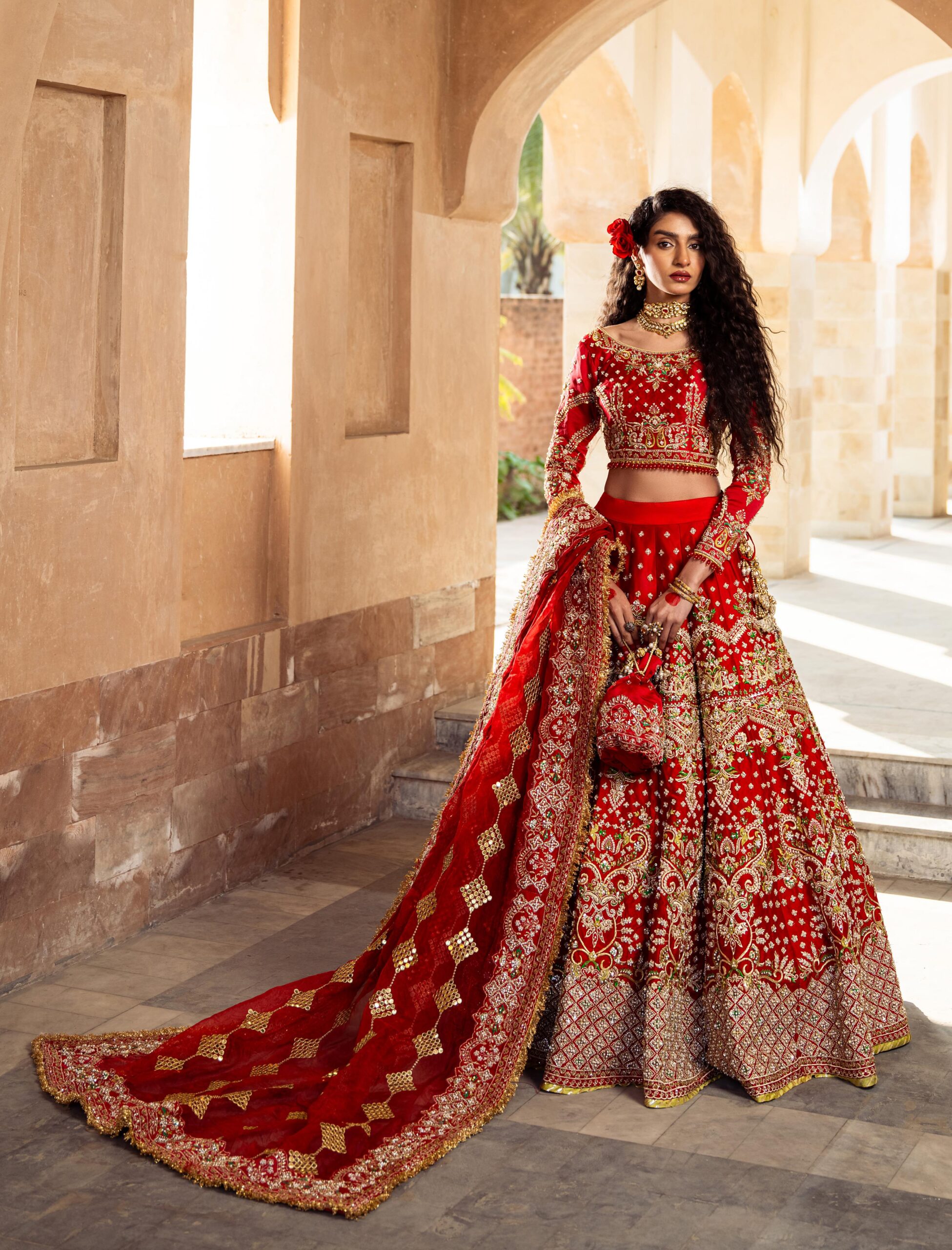 Pakistani Crimson Red Embroidered Silk Bridal Lehenga (3-Piece) - Image 1