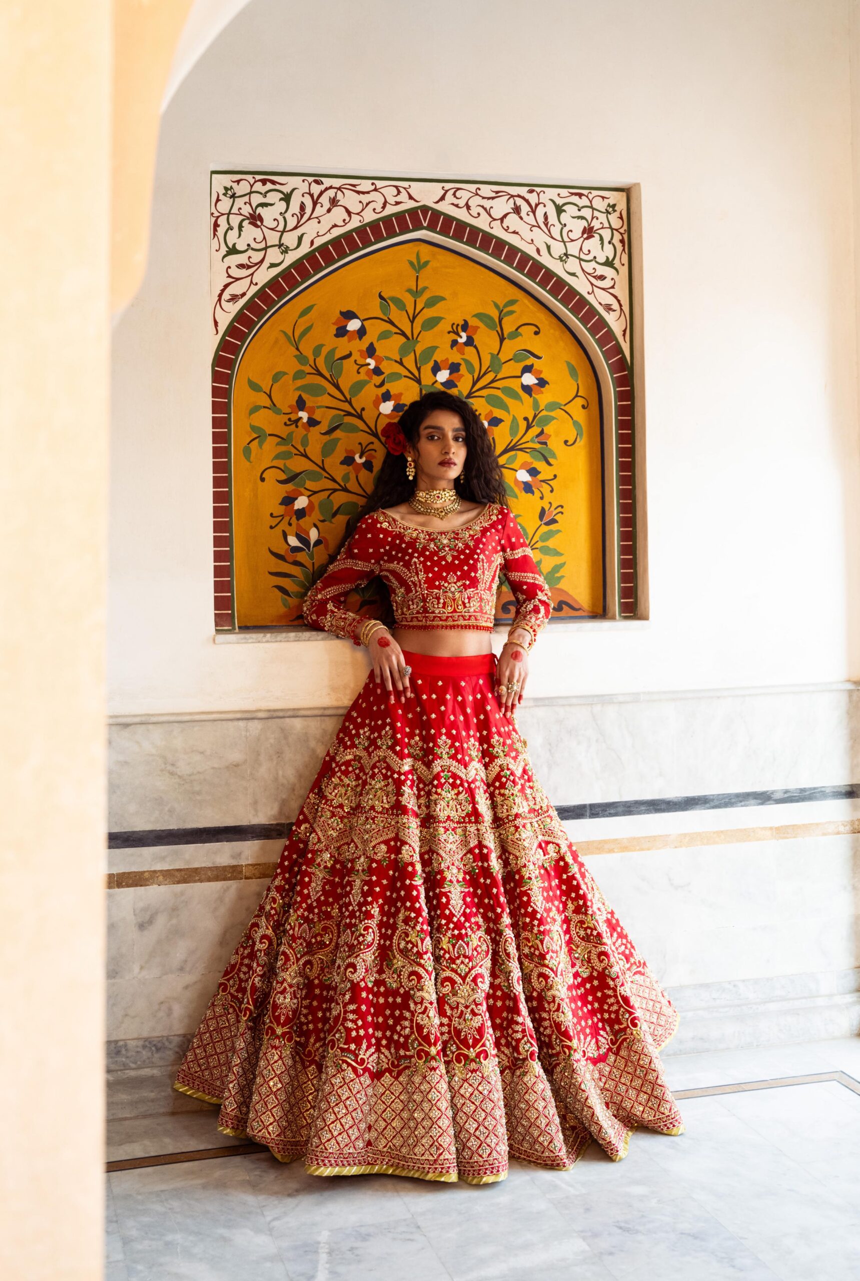 Pakistani Crimson Red Embroidered Silk Bridal Lehenga (3-Piece) - Image 2