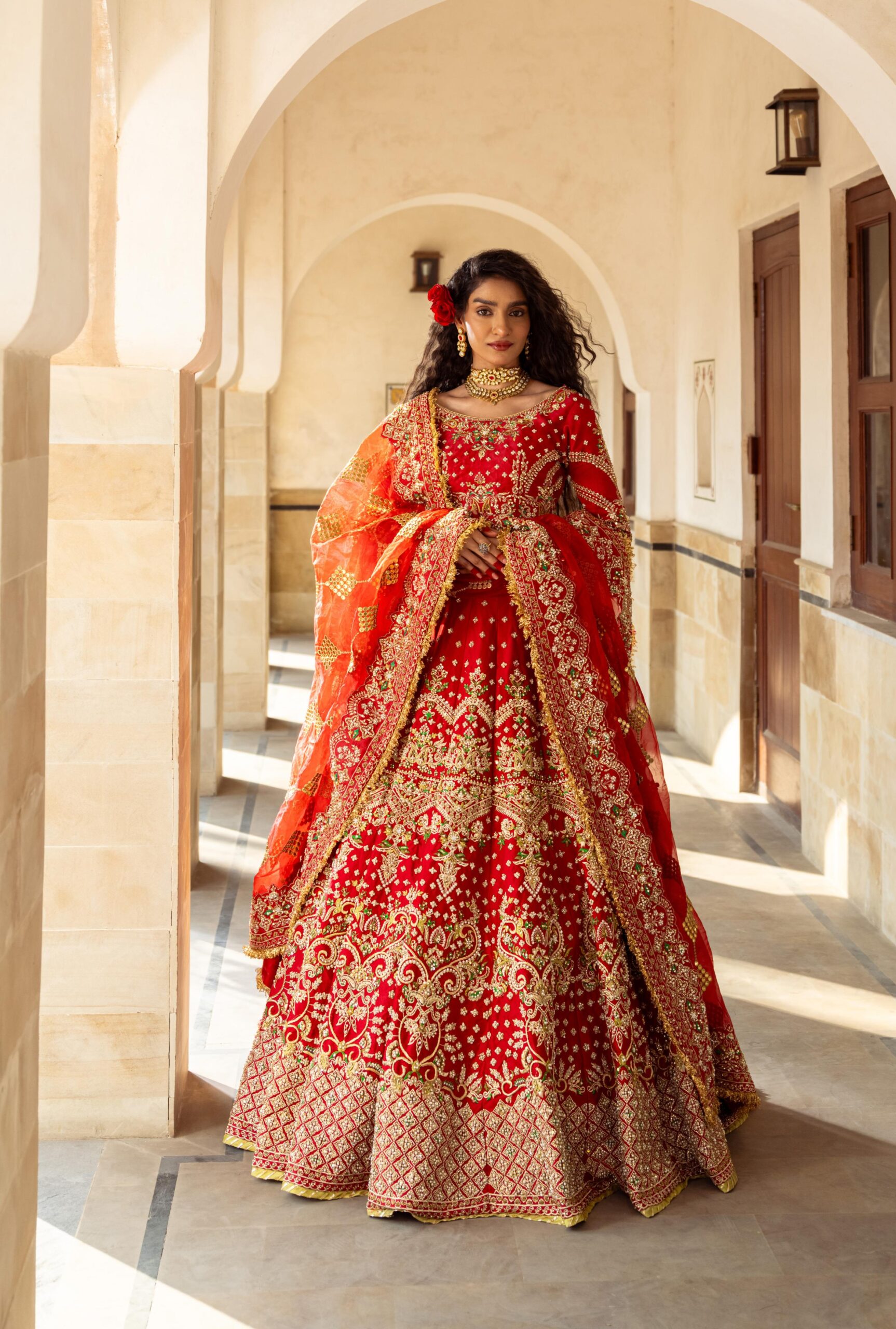 Pakistani Crimson Red Embroidered Silk Bridal Lehenga (3-Piece) - Image 3