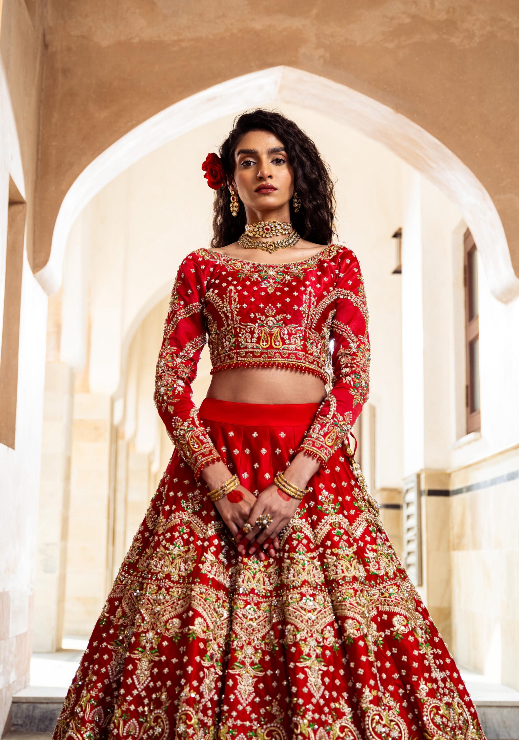 Pakistani Crimson Red Embroidered Silk Bridal Lehenga (3-Piece) - Image 4