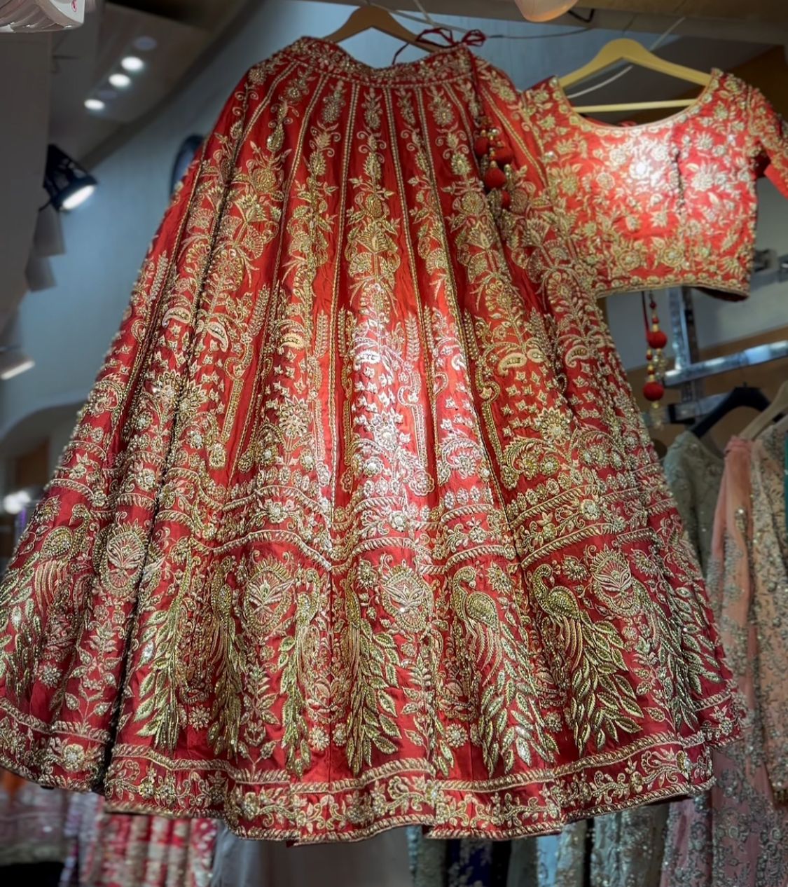 Pakistani Indian Red Embroidered Silk Lehenga Choli (3-Piece) - Image 1