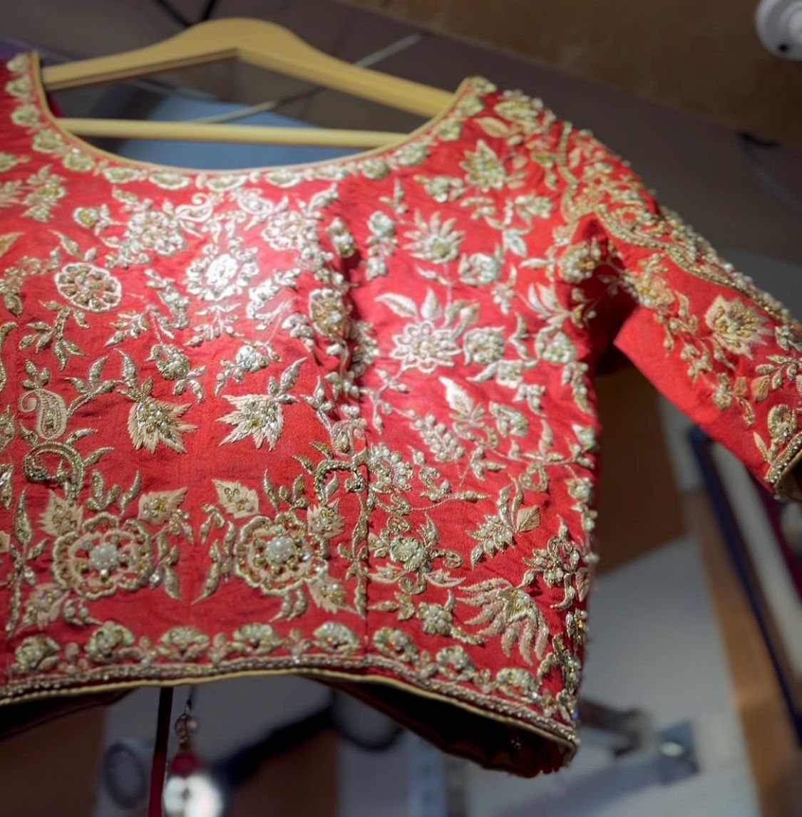 Pakistani Indian Red Embroidered Silk Lehenga Choli (3-Piece) - Image 2