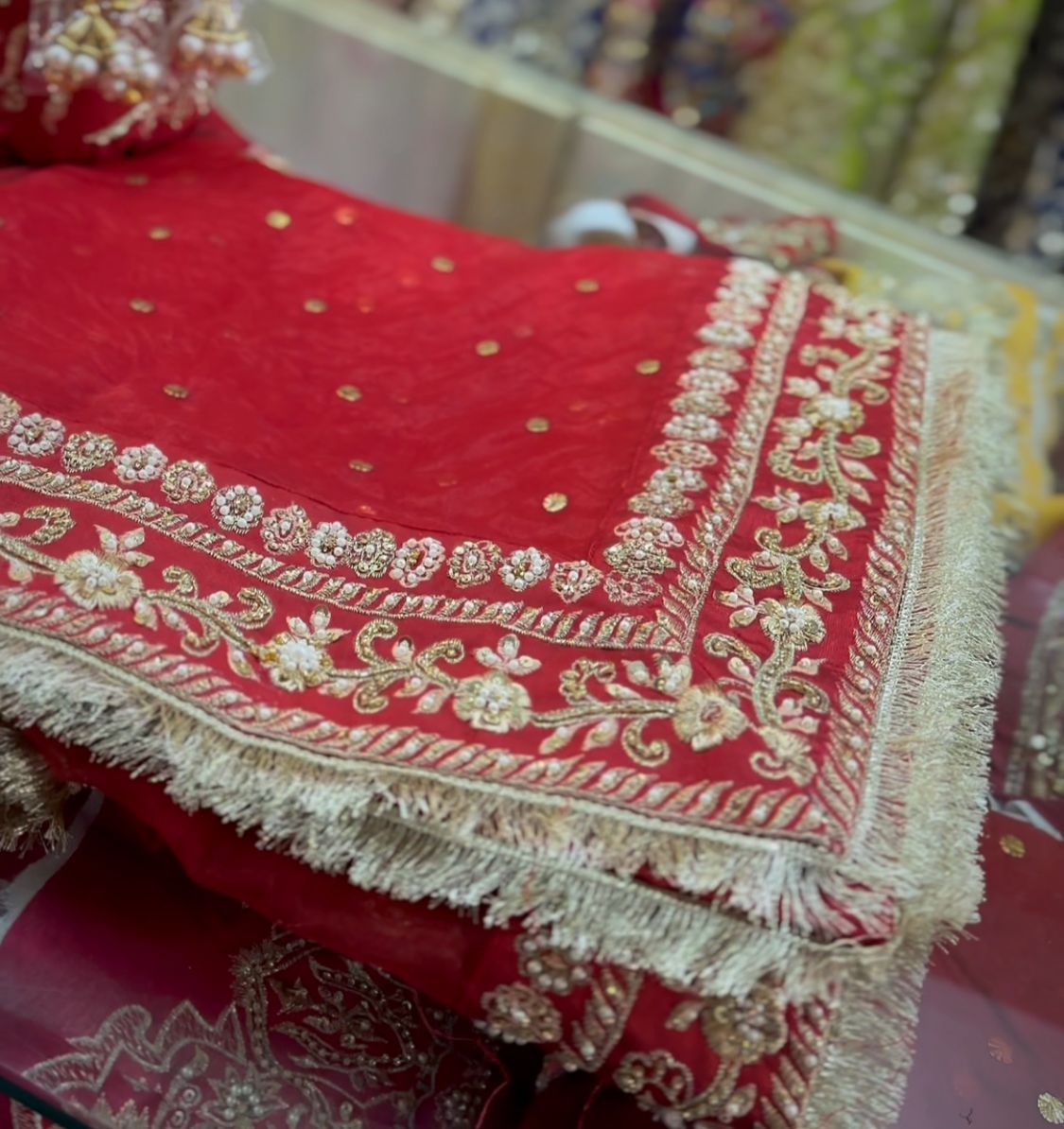 Pakistani Indian Red Embroidered Silk Lehenga Choli (3-Piece) - Image 3