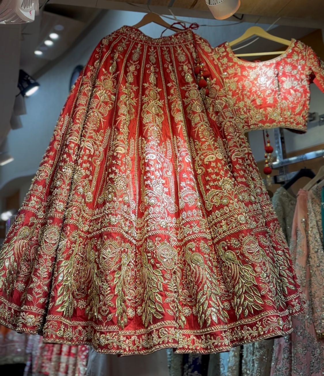 Pakistani Indian Red Embroidered Silk Lehenga Choli (3-Piece) - Image 5