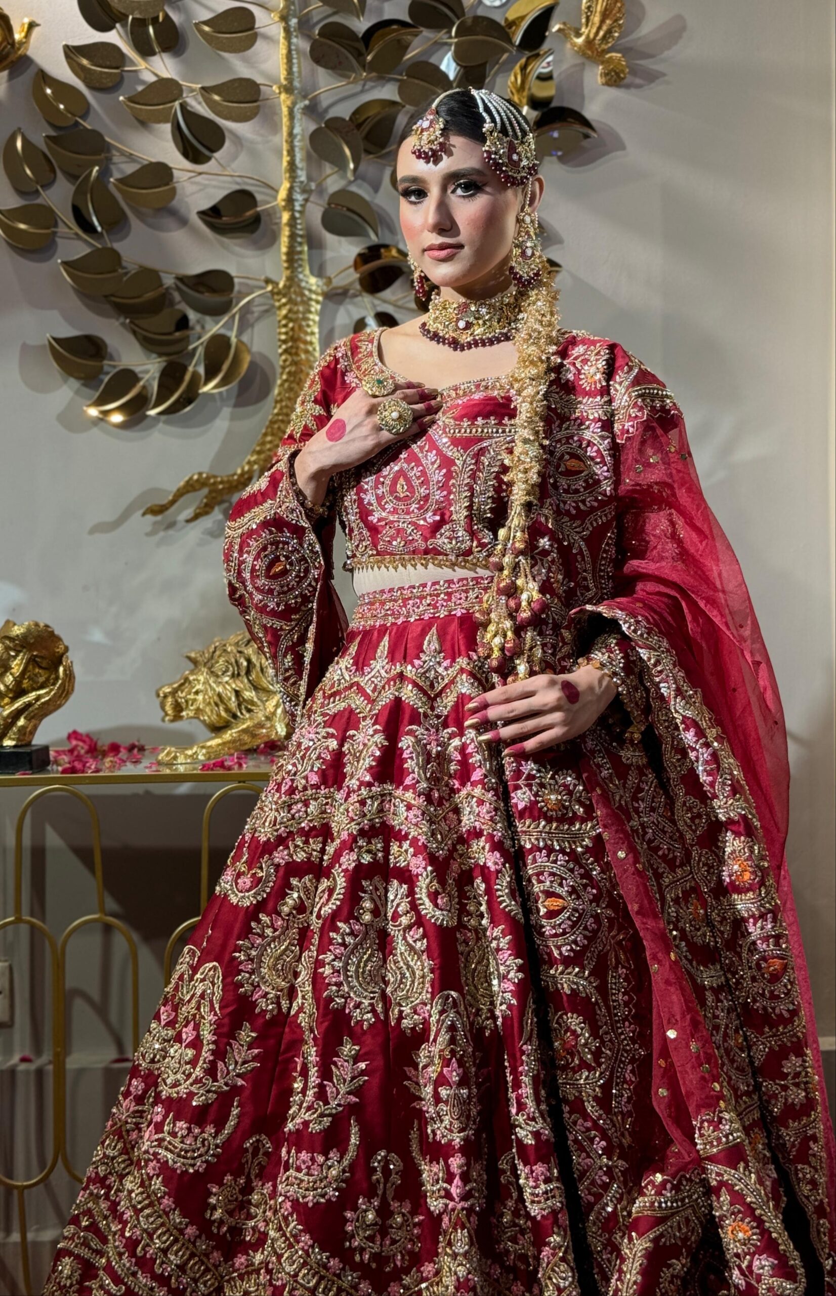 Deep Red Embellished Silk Bridal Lehenga (3-Piece) - Image 1