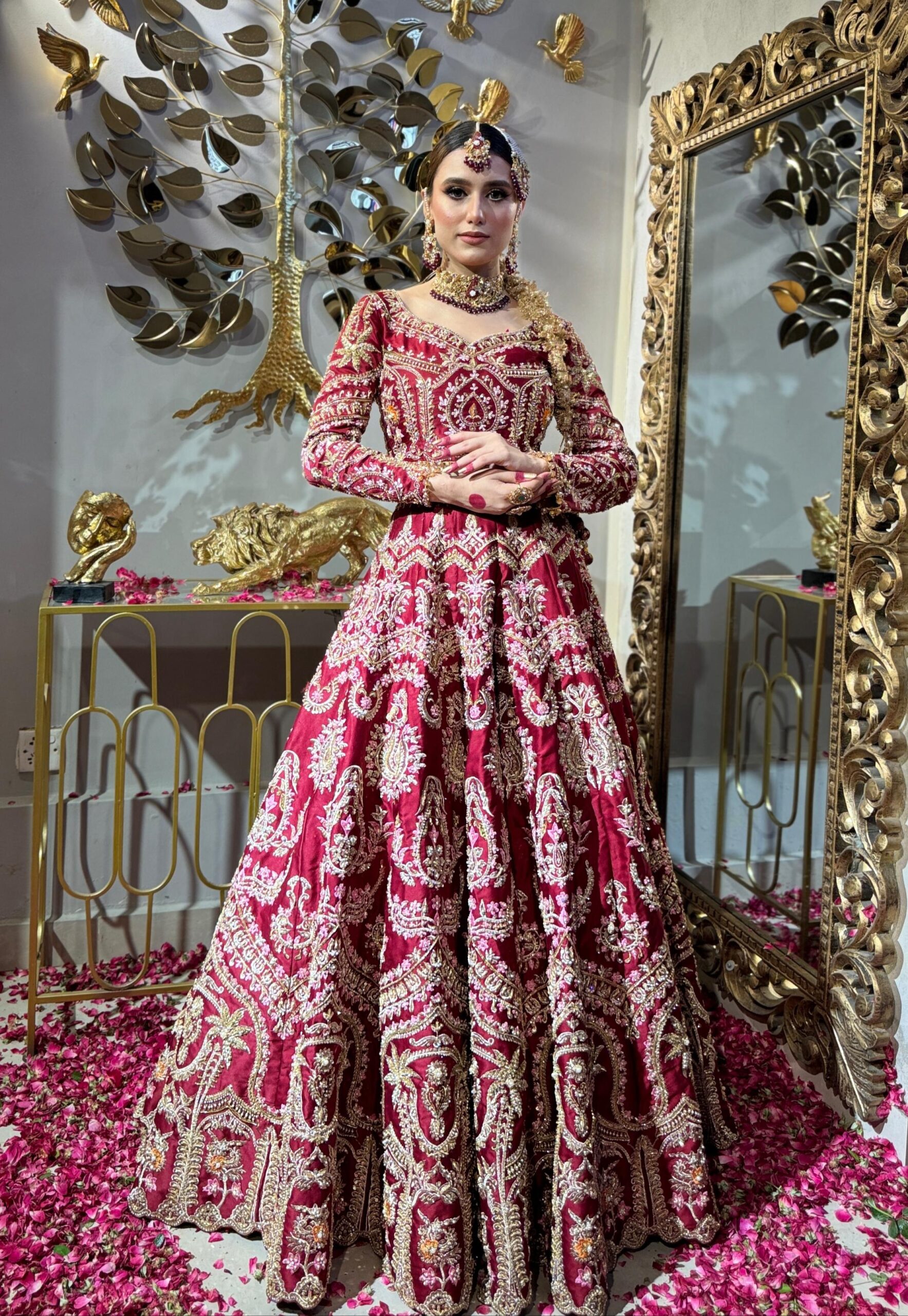 Deep Red Embellished Silk Bridal Lehenga (3-Piece) - Image 2