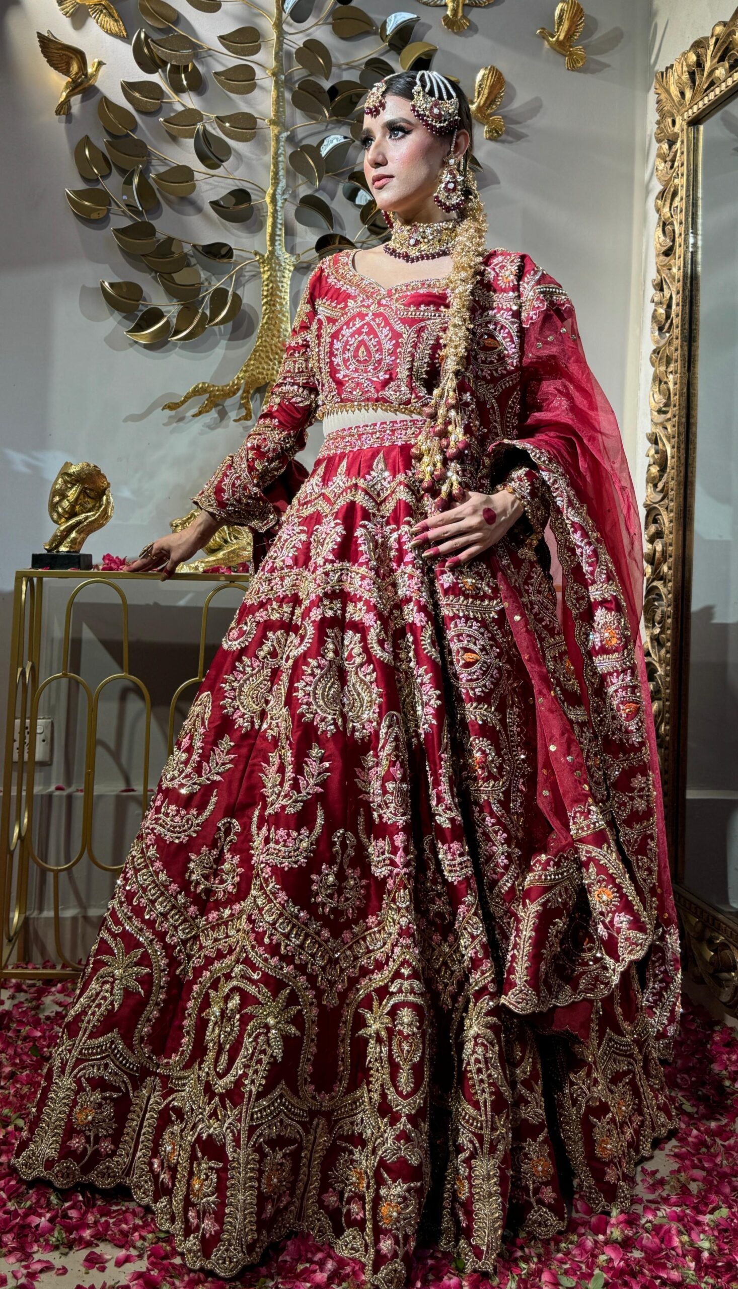 Deep Red Embellished Silk Bridal Lehenga (3-Piece) - Image 3
