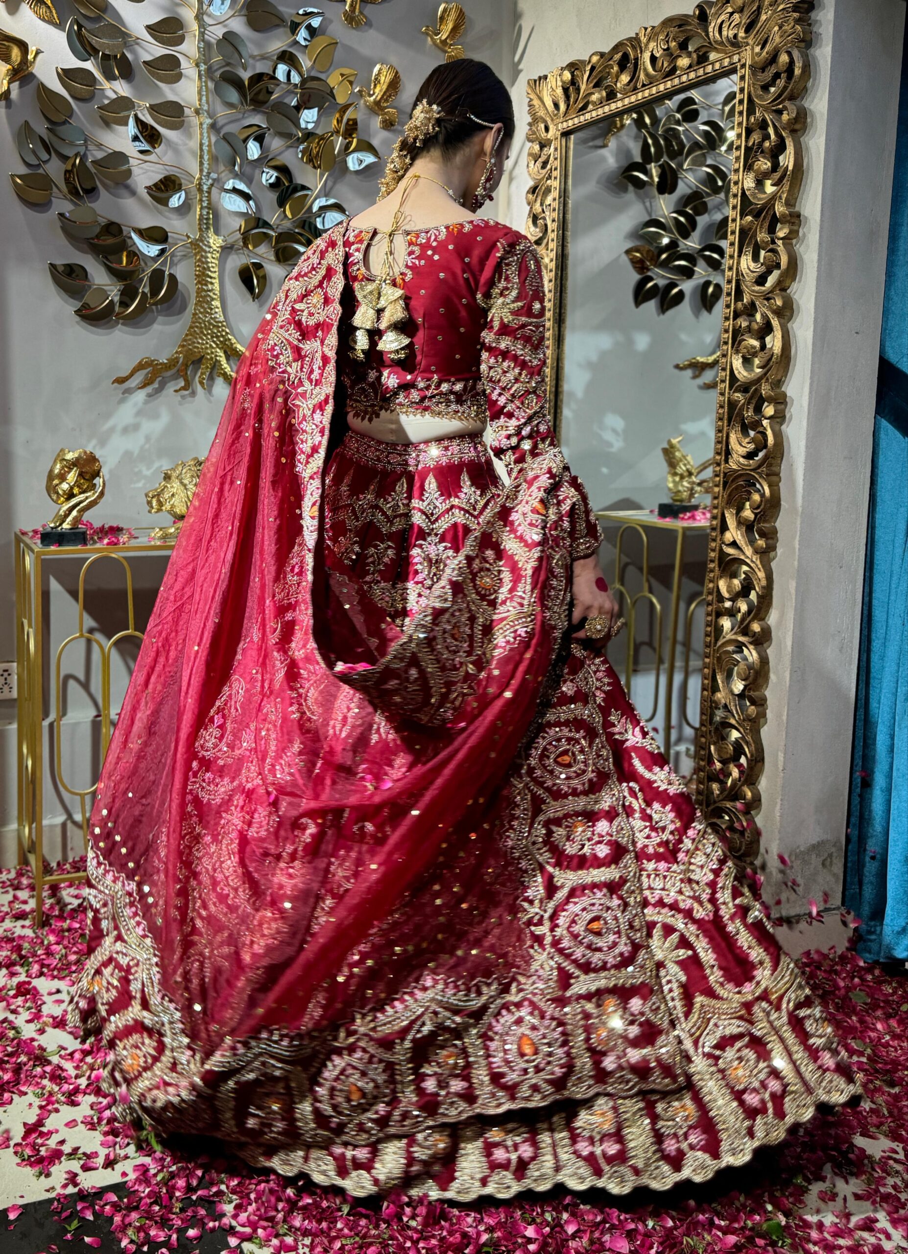 Deep Red Embellished Silk Bridal Lehenga (3-Piece) - Image 4