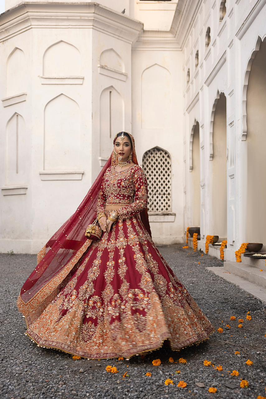 Deep Red Embroidered Silk Bridal Choli Lehenga (3-Piece) - Image 1