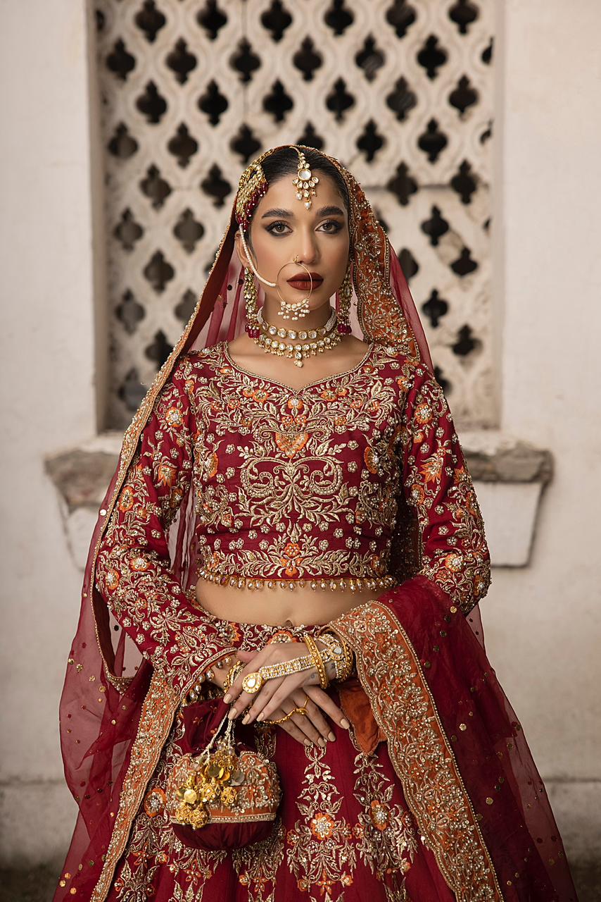 Deep Red Embroidered Silk Bridal Choli Lehenga (3-Piece) - Image 2