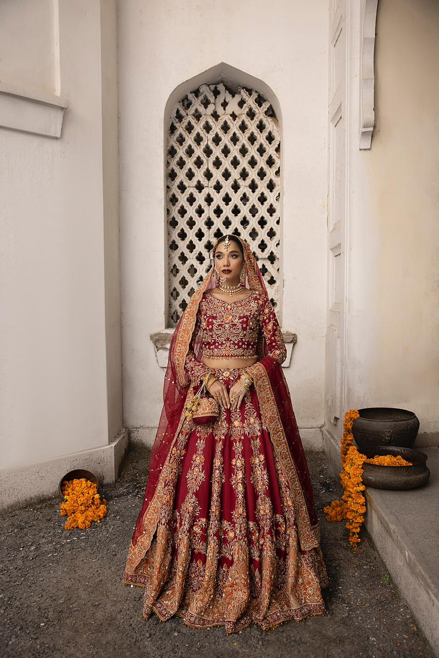 Deep Red Embroidered Silk Bridal Choli Lehenga (3-Piece) - Image 3
