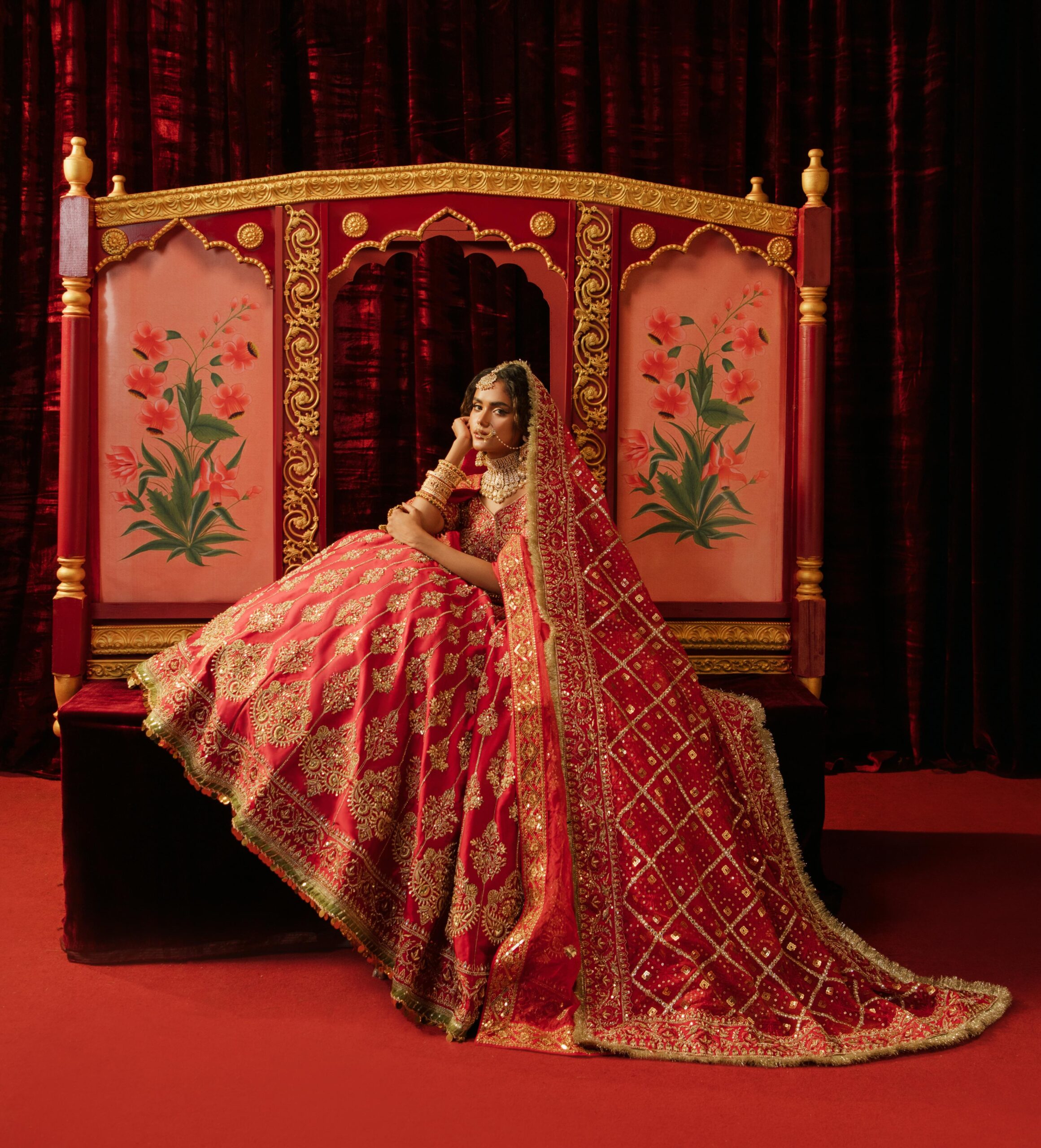 Pakistani Deep Red Zardozi Silk Bridal Choli Lehenga (3-Piece) - Image 1