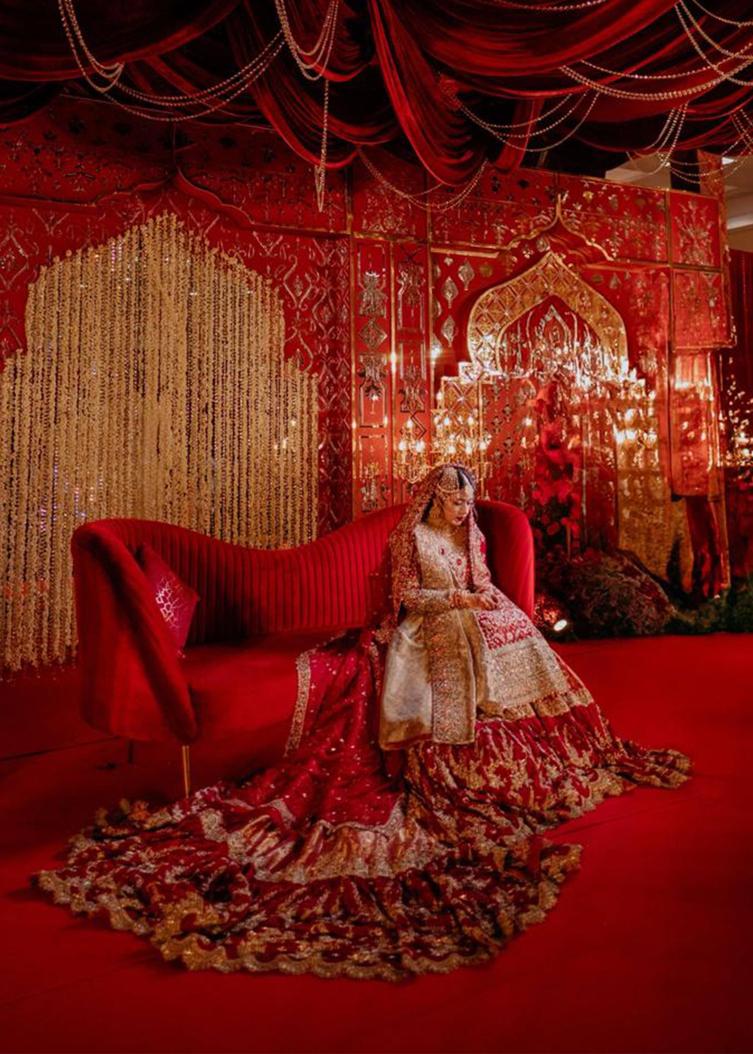 Pakistani Deep Red Gold Embroidered Silk Bridal Lehenga (3-Piece) - Image 1