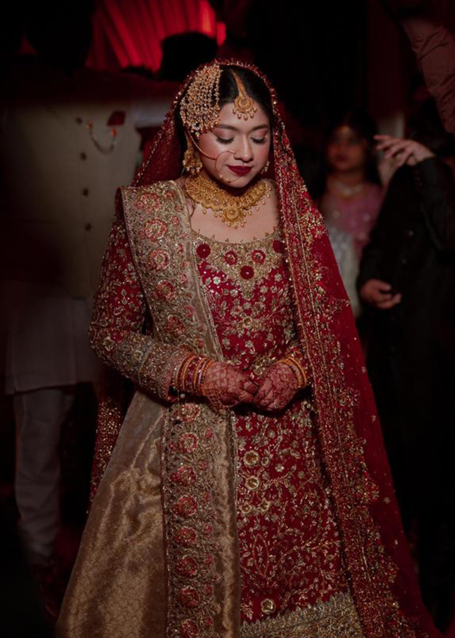 Pakistani Deep Red Gold Embroidered Silk Bridal Lehenga (3-Piece) - Image 3