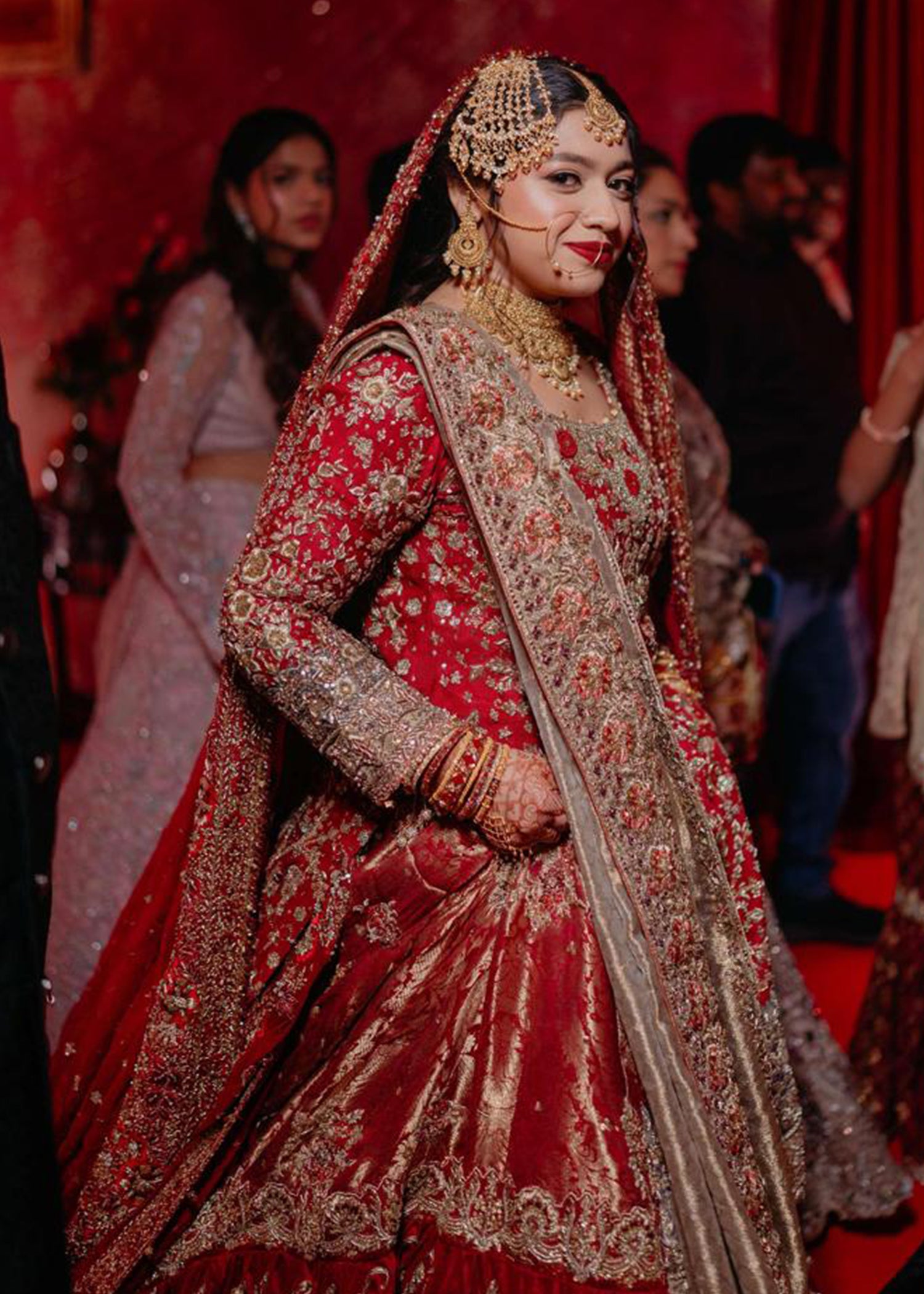 Pakistani Deep Red Gold Embroidered Silk Bridal Lehenga (3-Piece) - Image 4