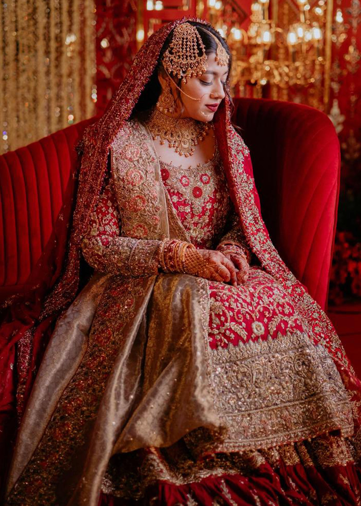 Pakistani Deep Red Gold Embroidered Silk Bridal Lehenga (3-Piece) - Image 5