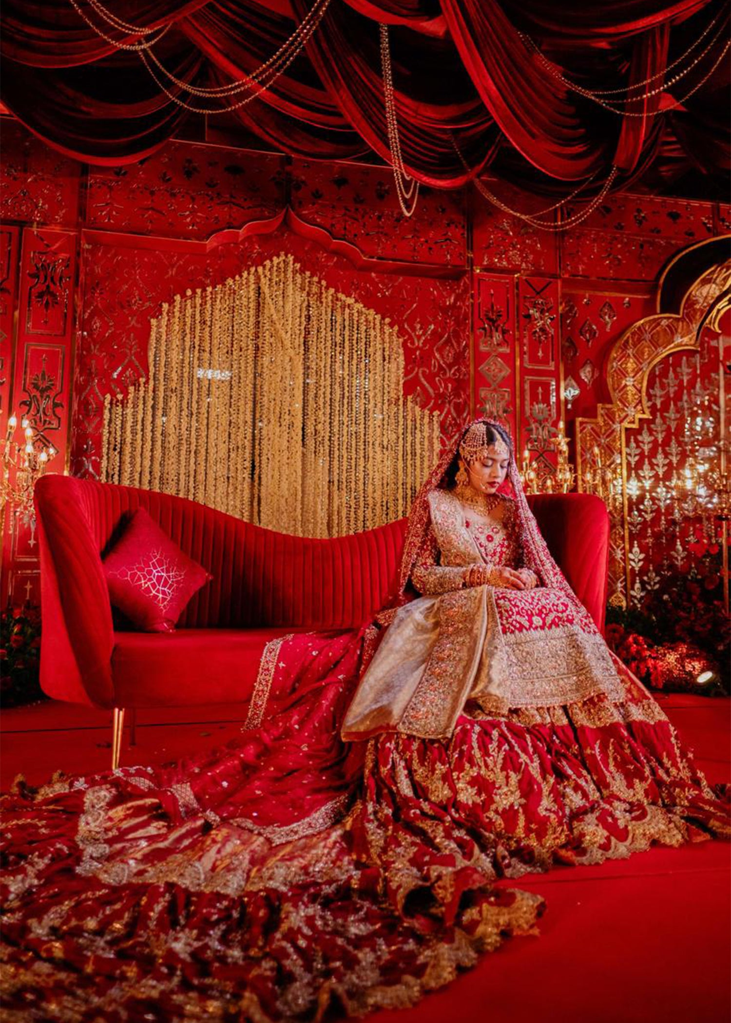 Pakistani Deep Red Gold Embroidered Silk Bridal Lehenga (3-Piece) - Image 6