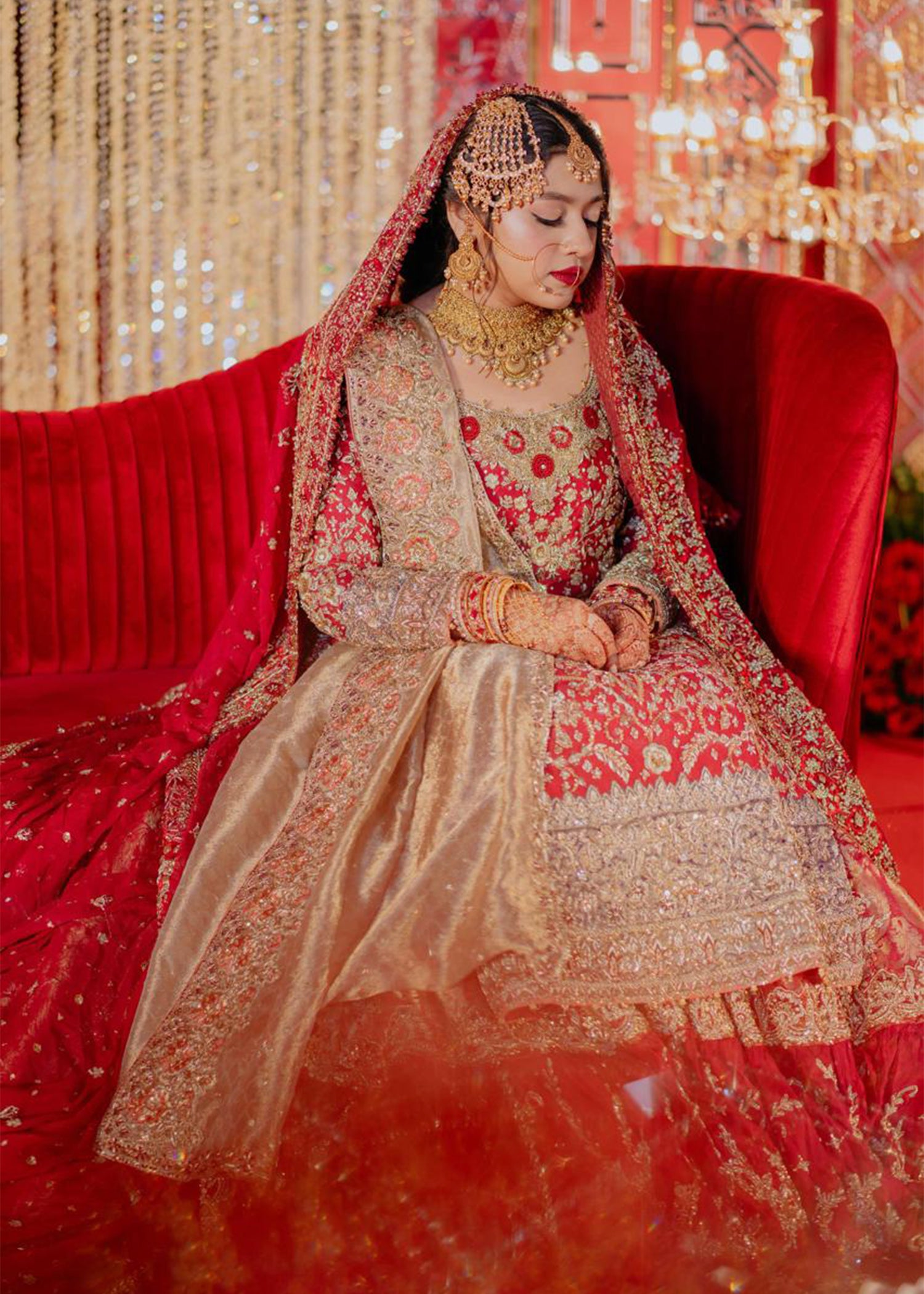Pakistani Deep Red Gold Embroidered Silk Bridal Lehenga (3-Piece) - Image 7