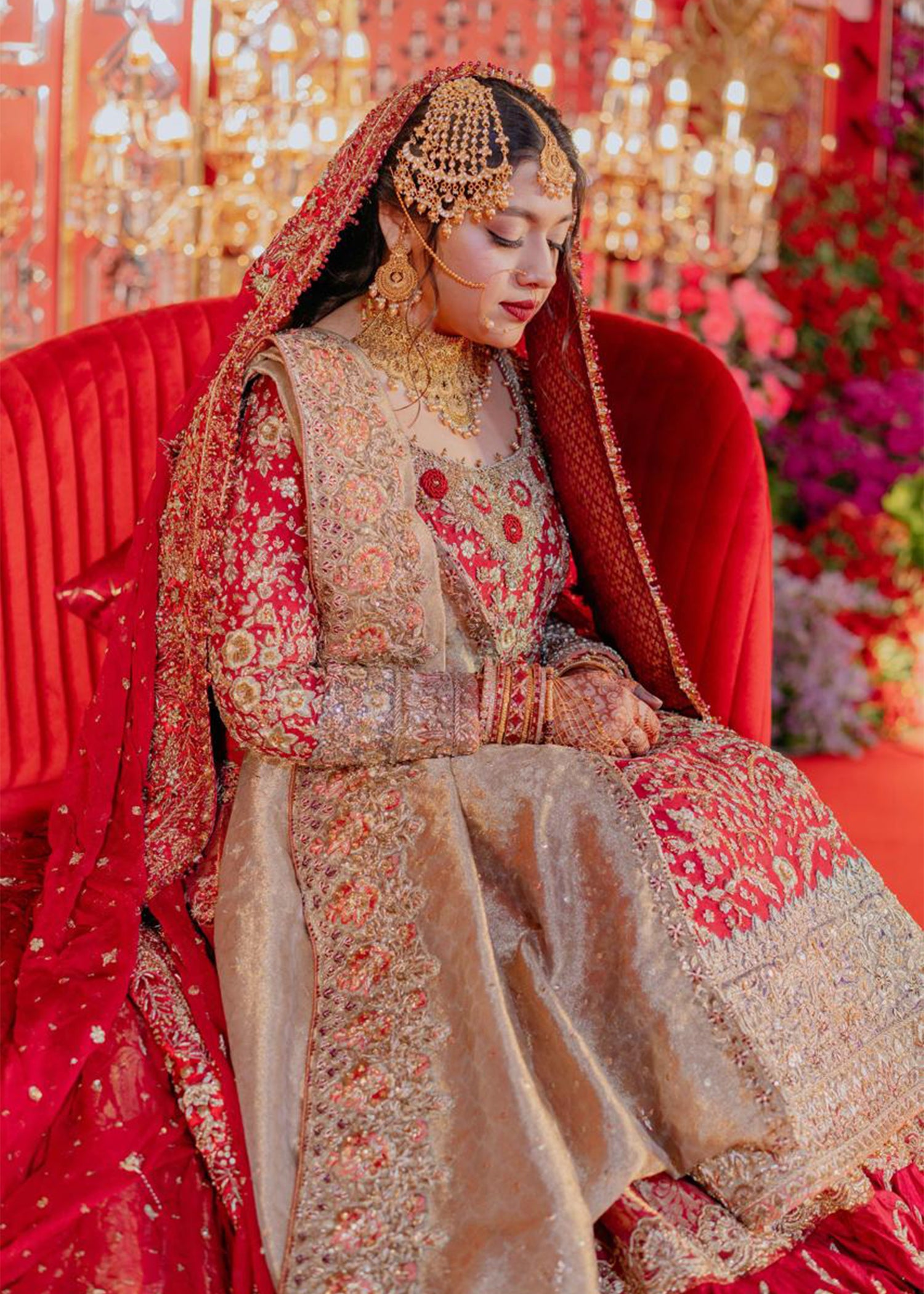 Pakistani Deep Red Gold Embroidered Silk Bridal Lehenga (3-Piece) - Image 8