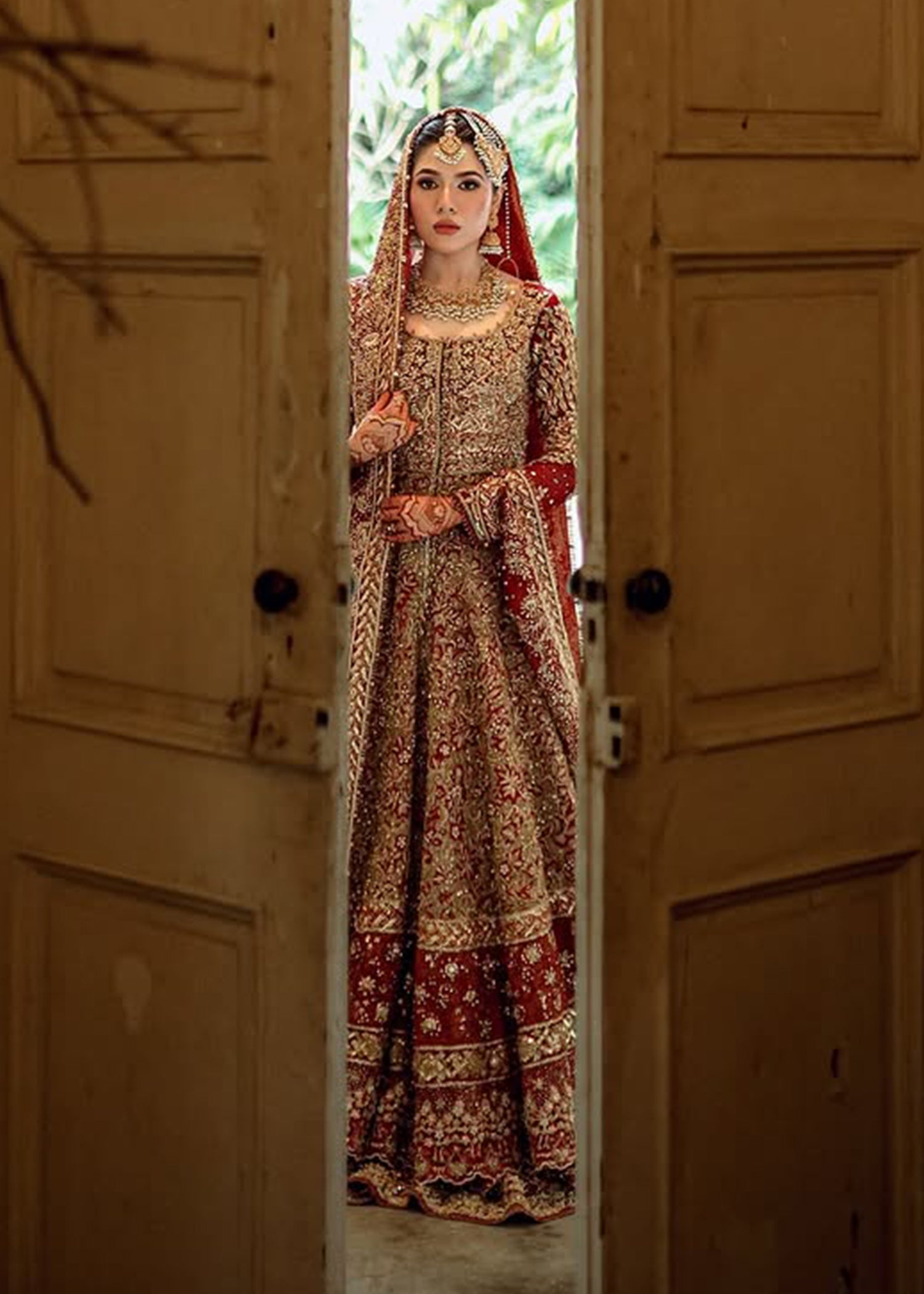 Pakistani Deep Red Zardozi Silk Bridal Lehenga (3-Piece) - Image 1