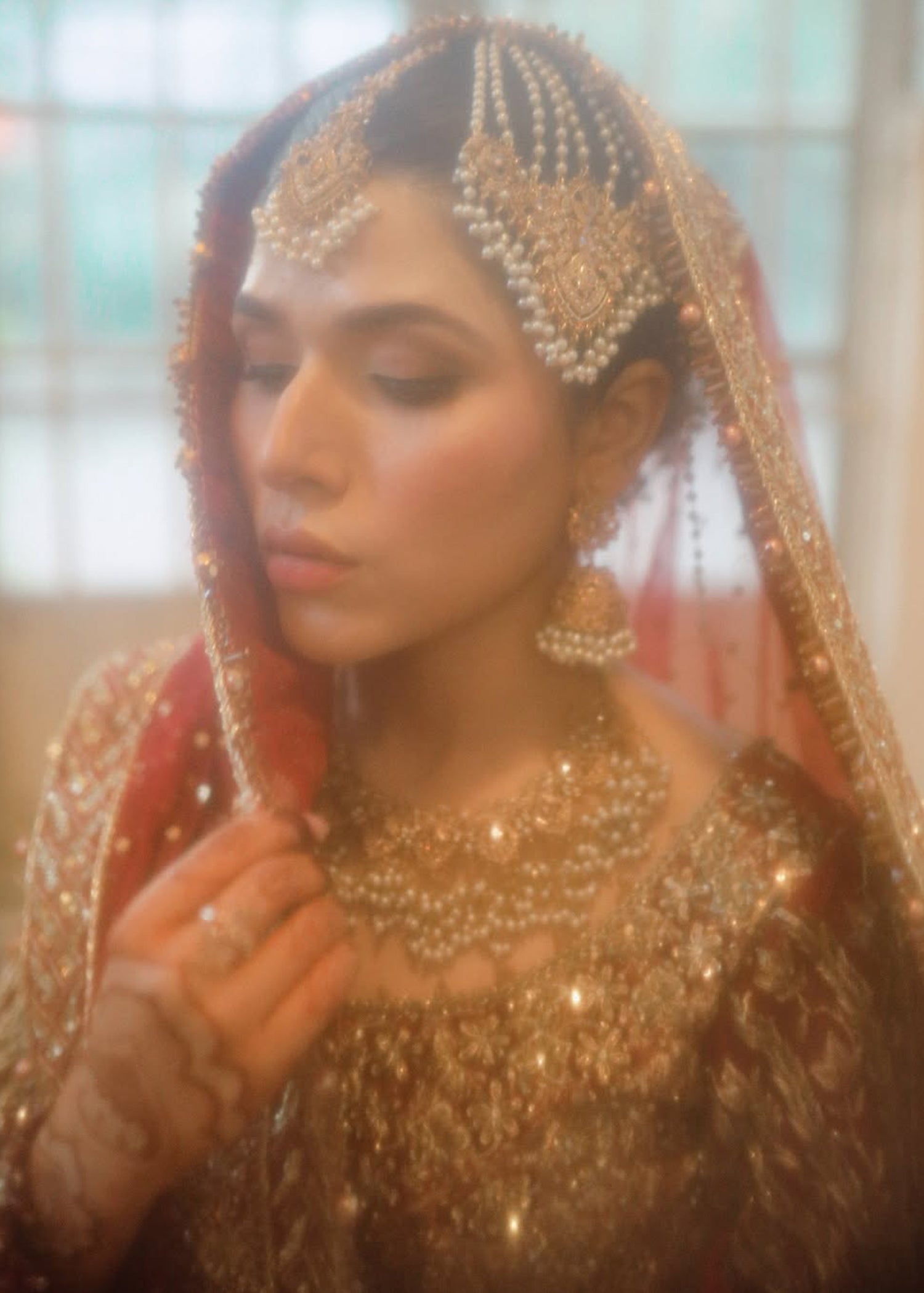 Pakistani Deep Red Zardozi Silk Bridal Lehenga (3-Piece) - Image 3