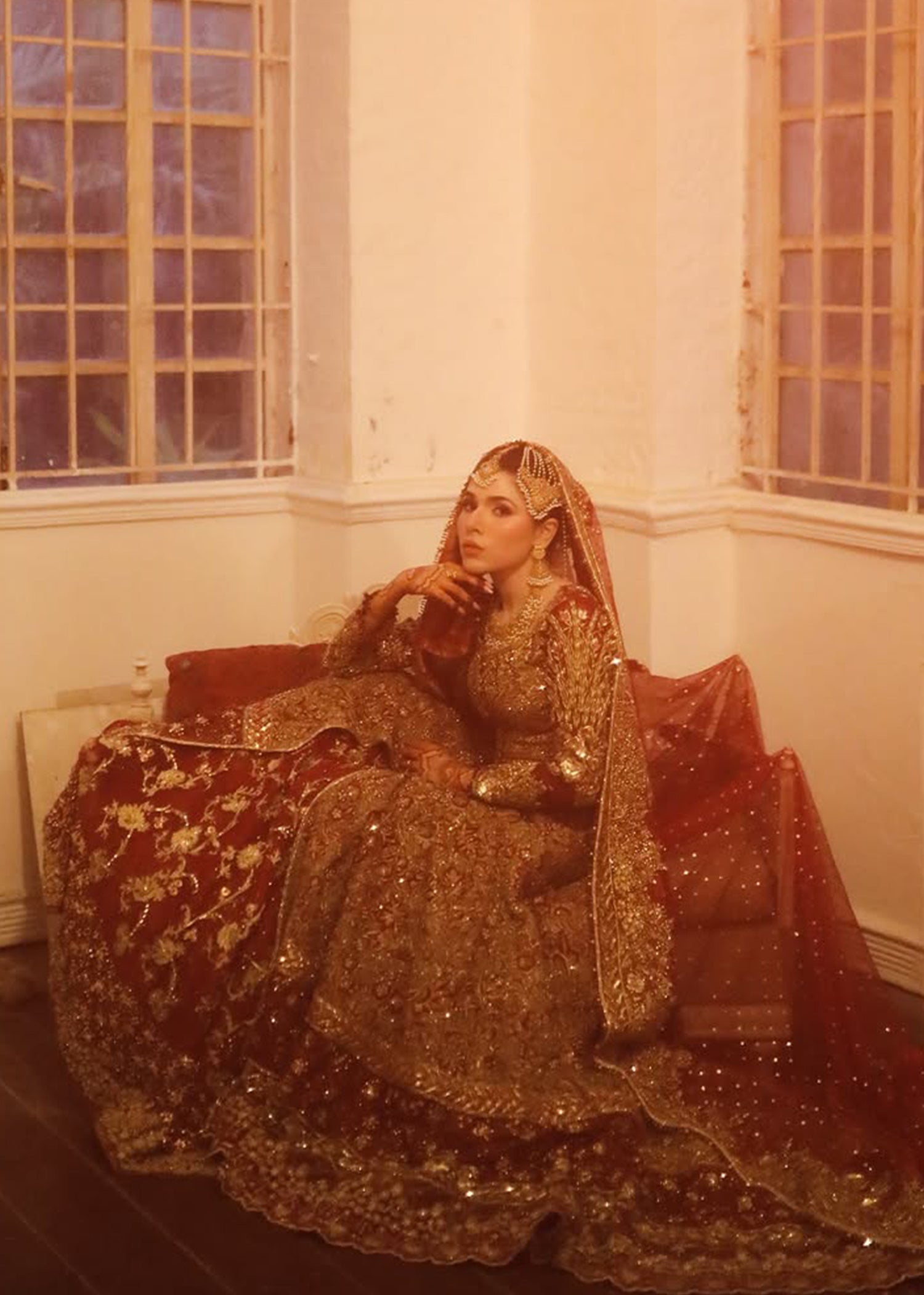 Pakistani Deep Red Zardozi Silk Bridal Lehenga (3-Piece) - Image 4