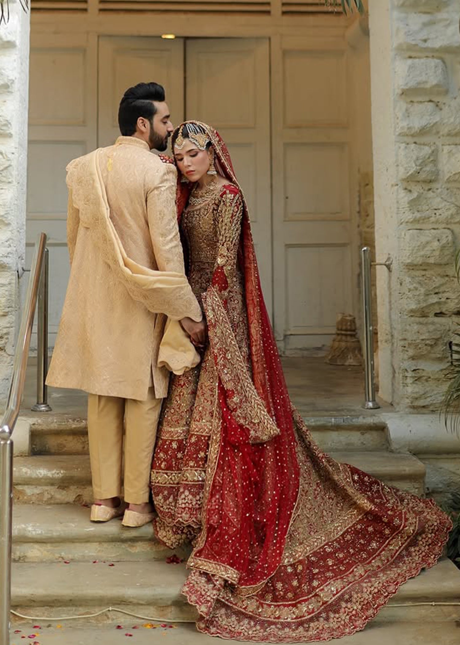Pakistani Deep Red Zardozi Silk Bridal Lehenga (3-Piece) - Image 5
