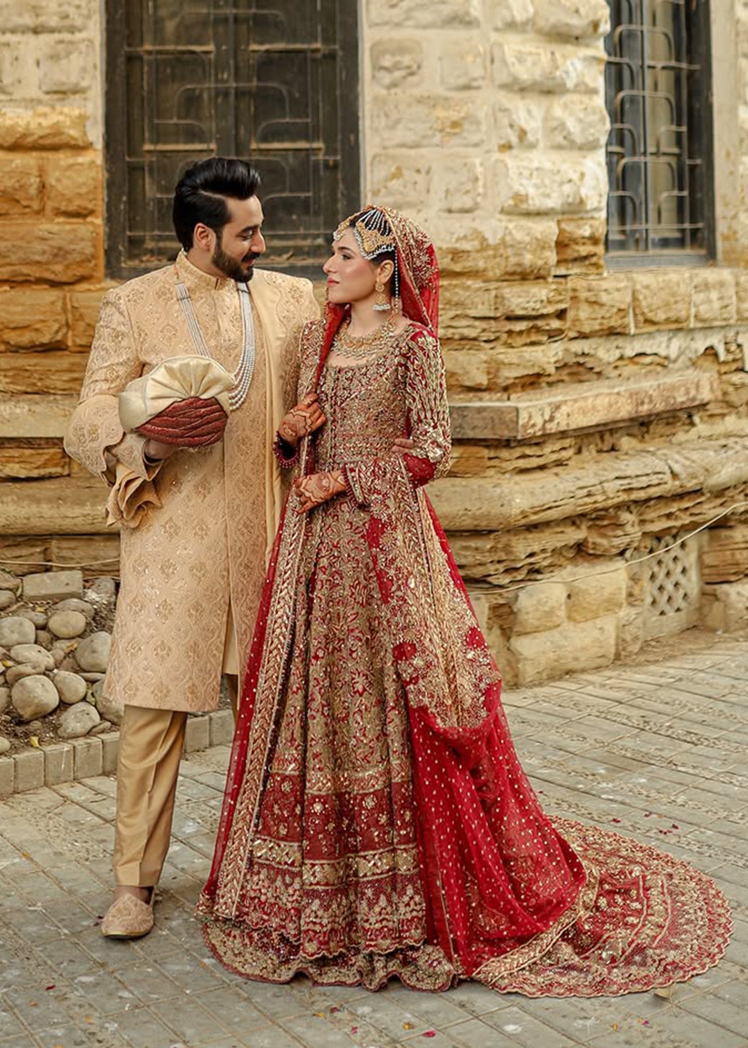 Pakistani Deep Red Zardozi Silk Bridal Lehenga (3-Piece) - Image 7