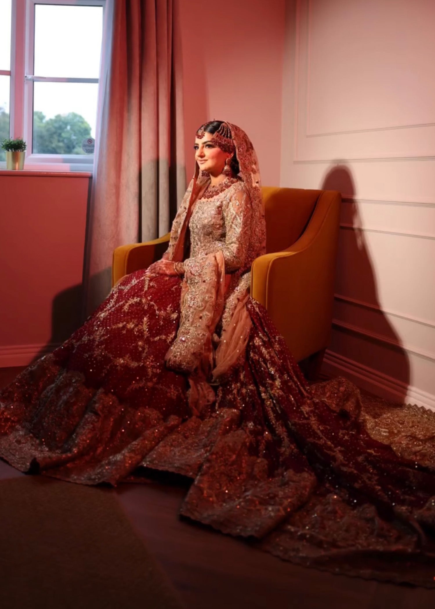 Deep Red Ivory Embroidered Silk Bridal Lehenga (3-Piece) - Image 1