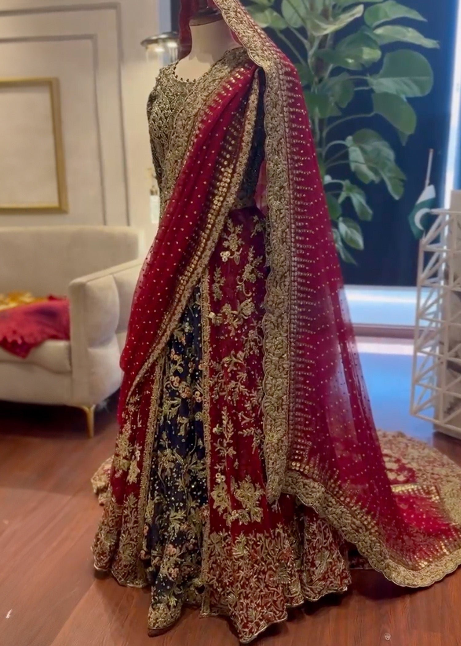 Deep Red and Navy Embroidered Silk Bridal Lehenga (3-Piece) - Image 1