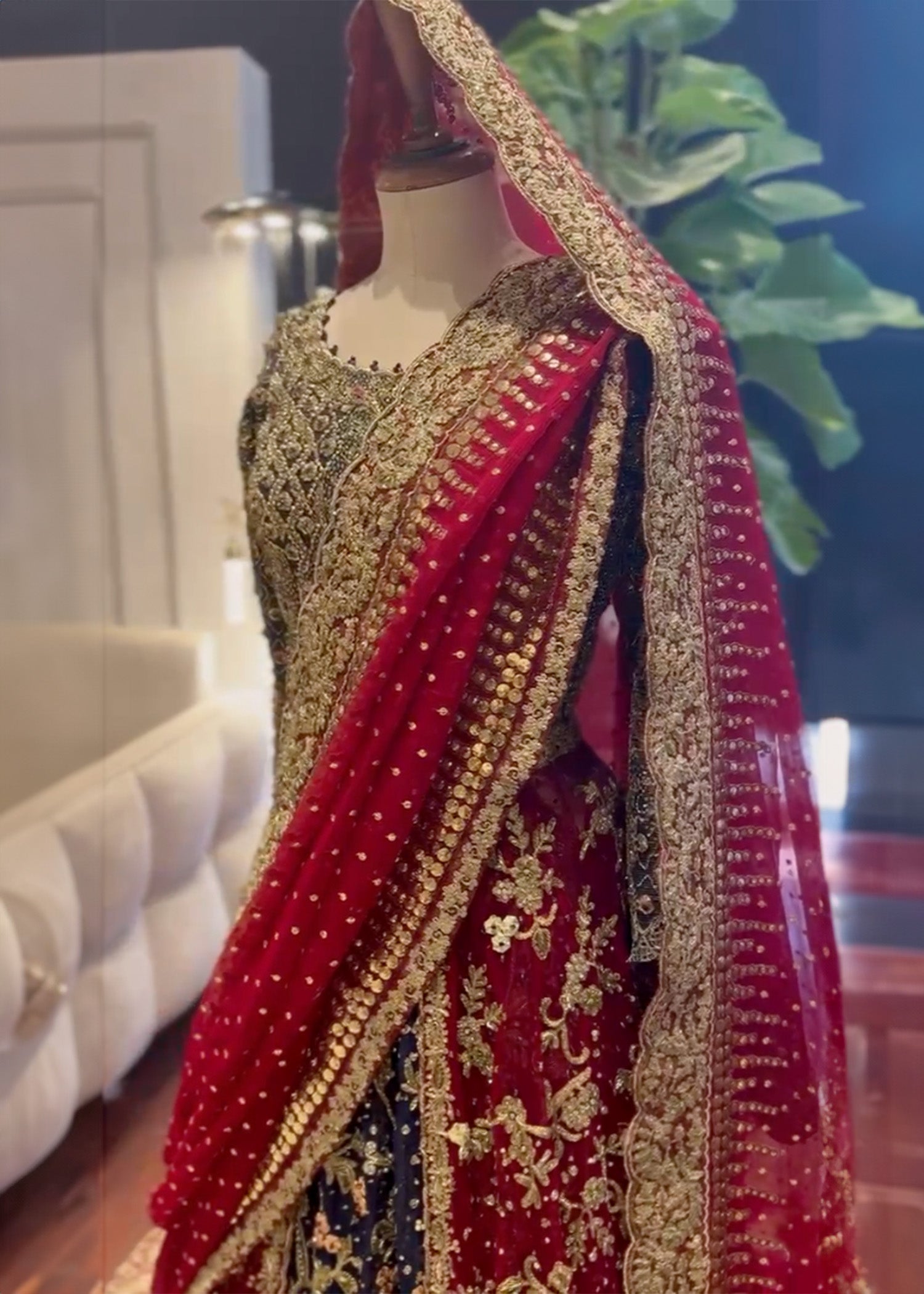 Deep Red and Navy Embroidered Silk Bridal Lehenga (3-Piece) - Image 2