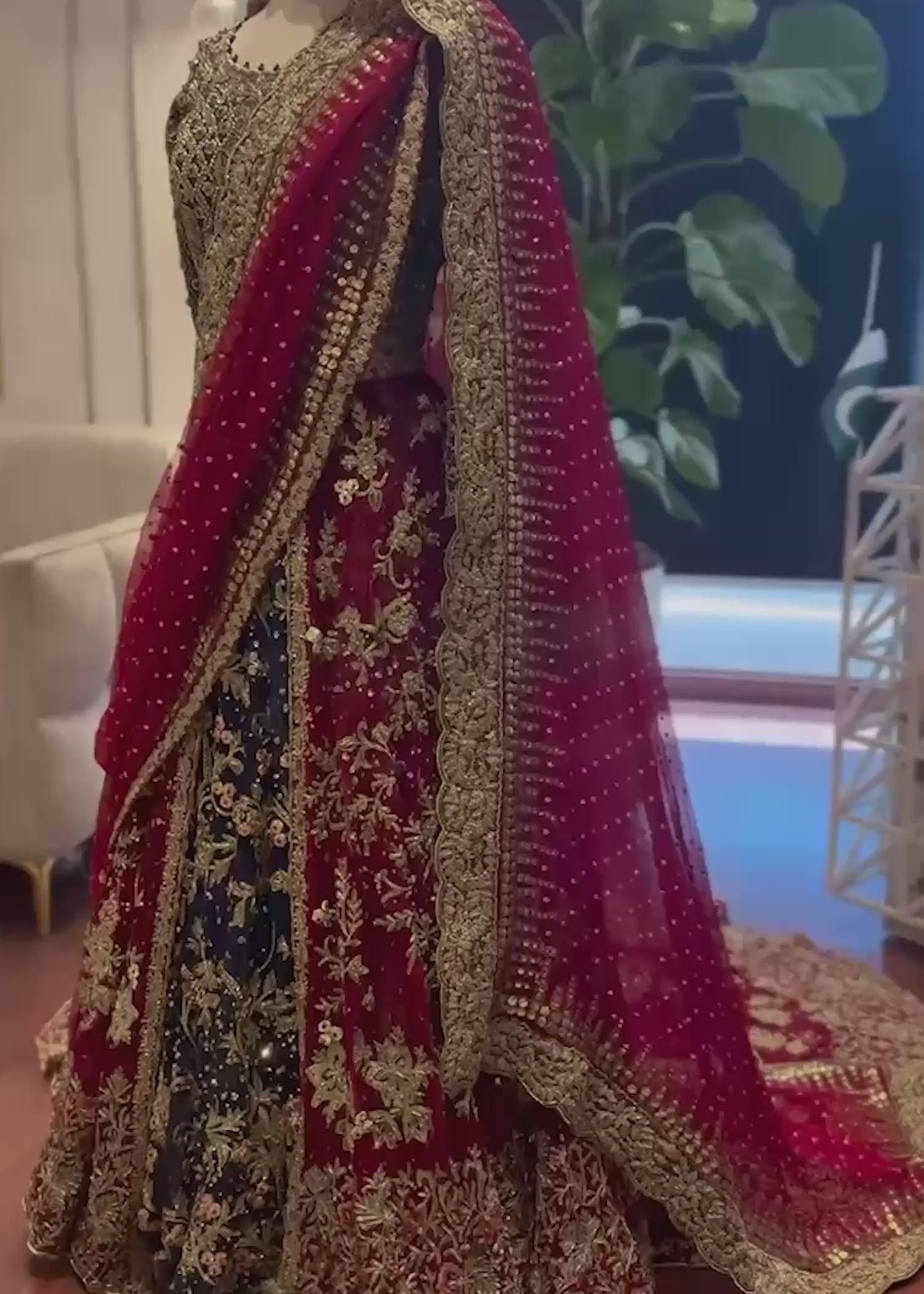 Deep Red and Navy Embroidered Silk Bridal Lehenga (3-Piece) - Image 3