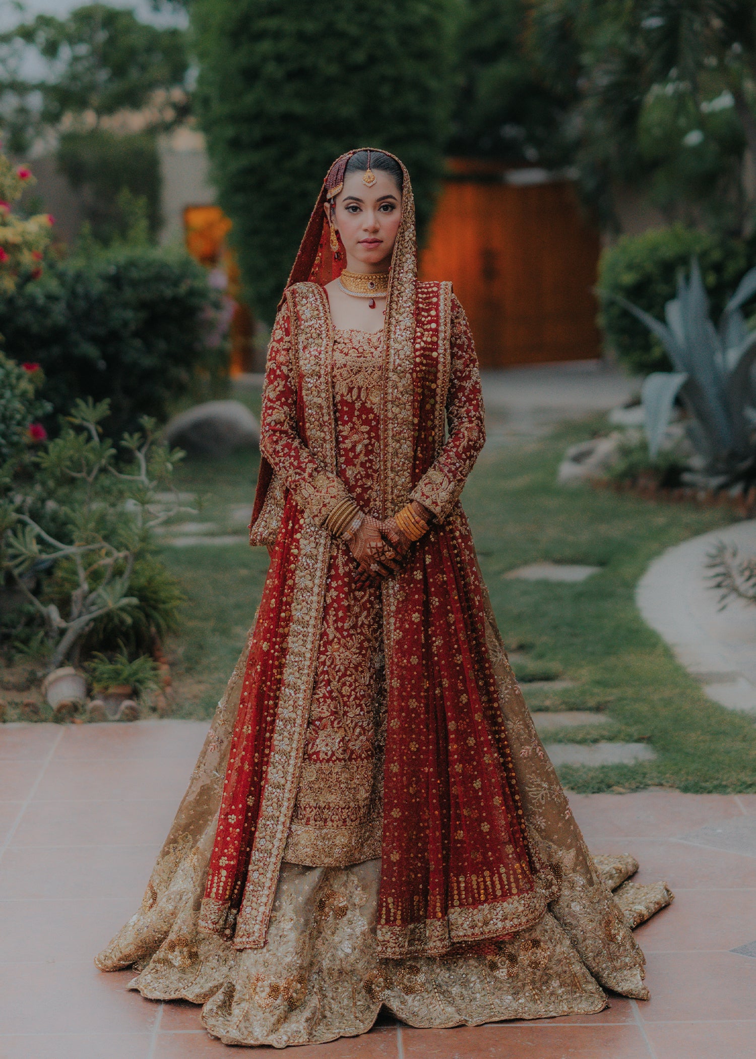 Deep Red Gold Embellished Silk Bridal Lehenga (3-Piece) - Image 1