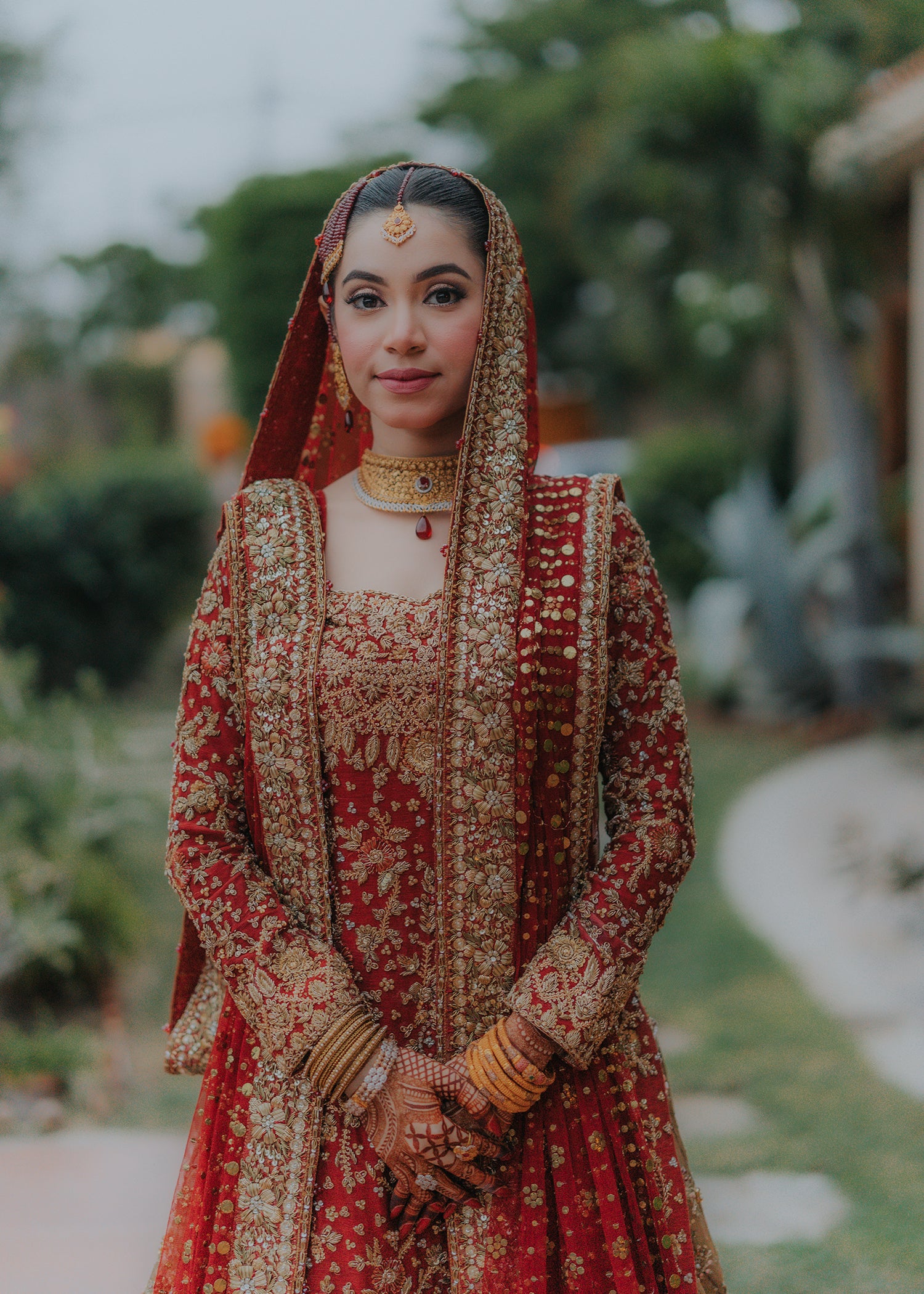 Deep Red Gold Embellished Silk Bridal Lehenga (3-Piece) - Image 11