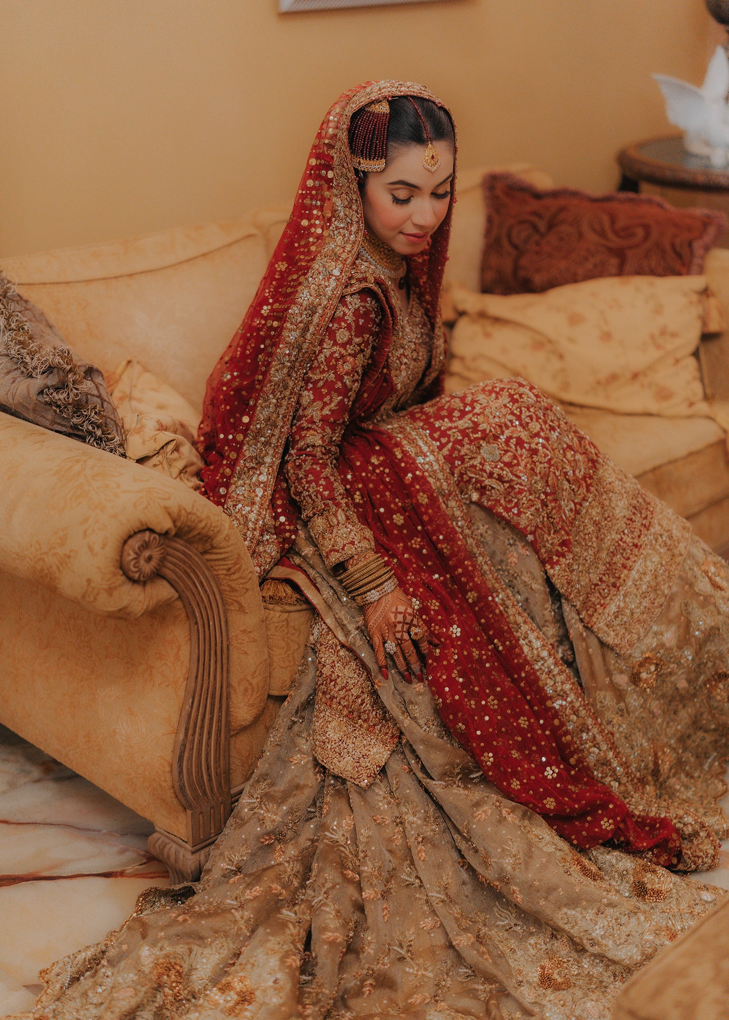 Deep Red Gold Embellished Silk Bridal Lehenga (3-Piece) - Image 2